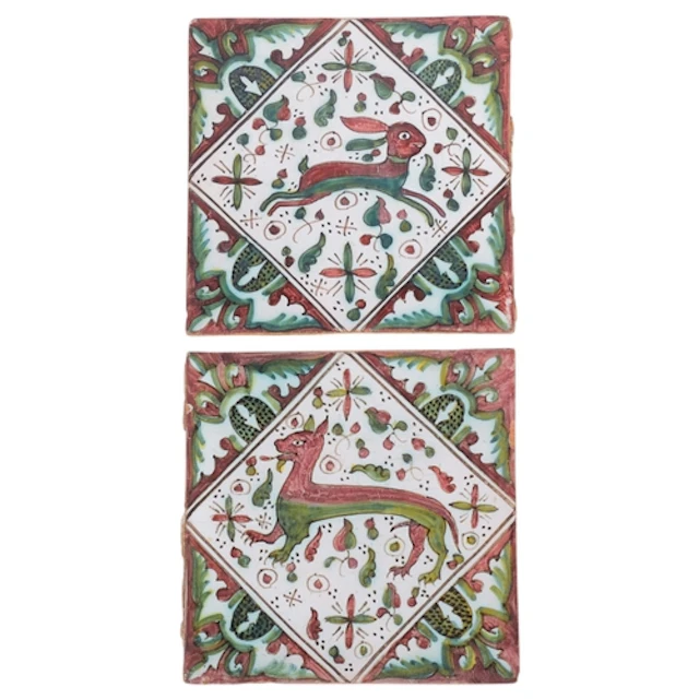 A pair of hand-painted Folk Art Ukrainian tiles, 13cm x 13cm
