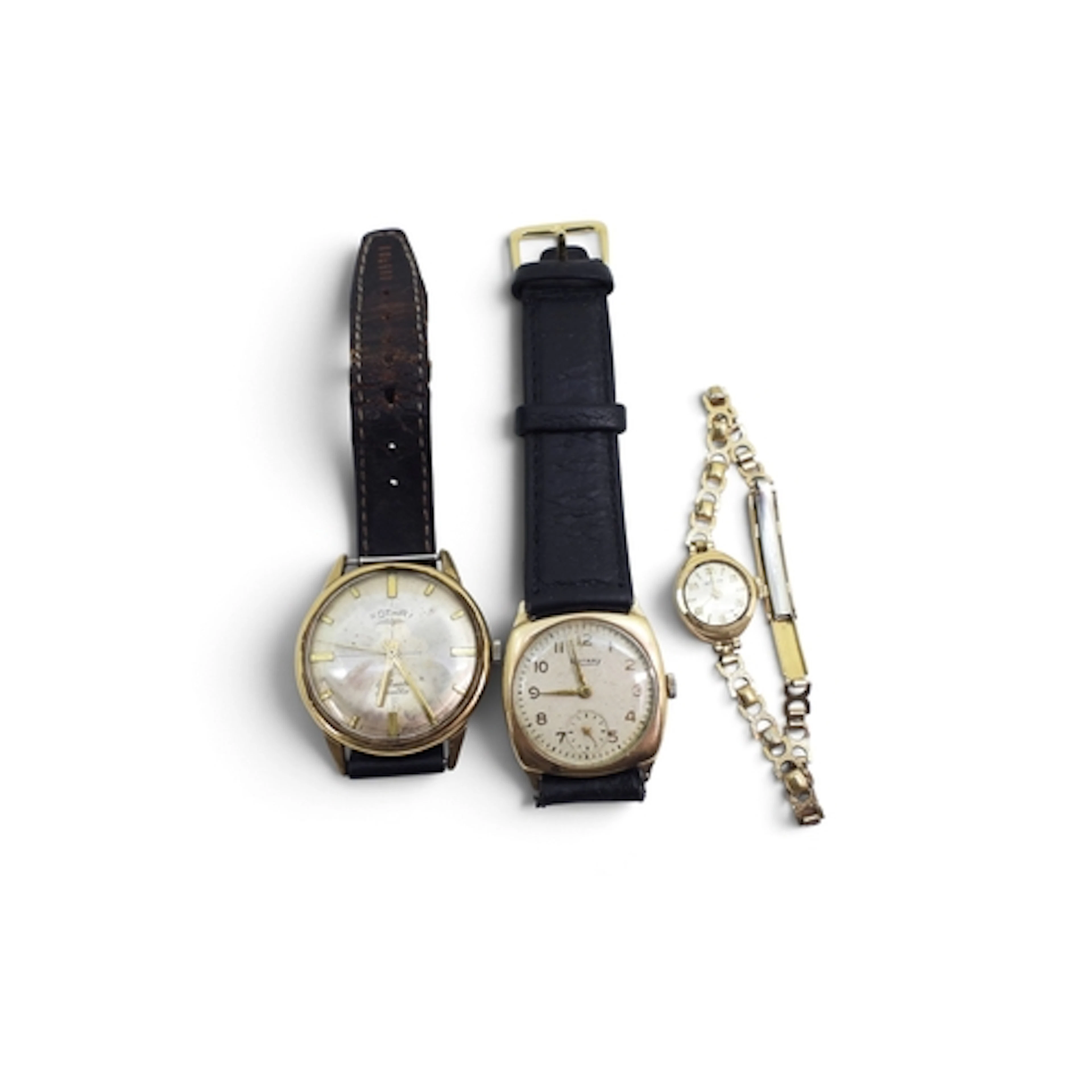 A 9ct gold Rotary watch with black leather strap, a further ...