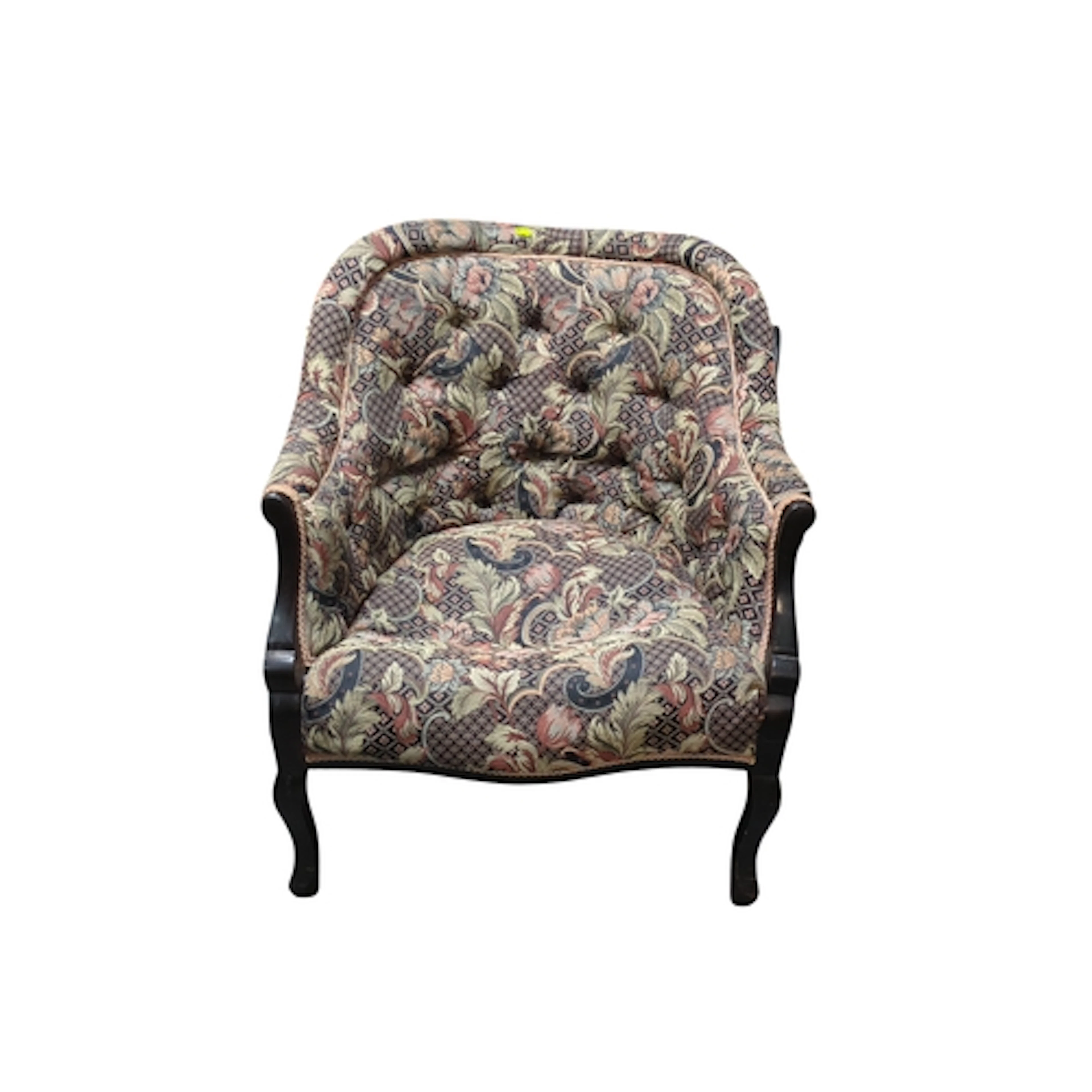 Tub armchair with a deep-buttoned back, rolled crest and flo...