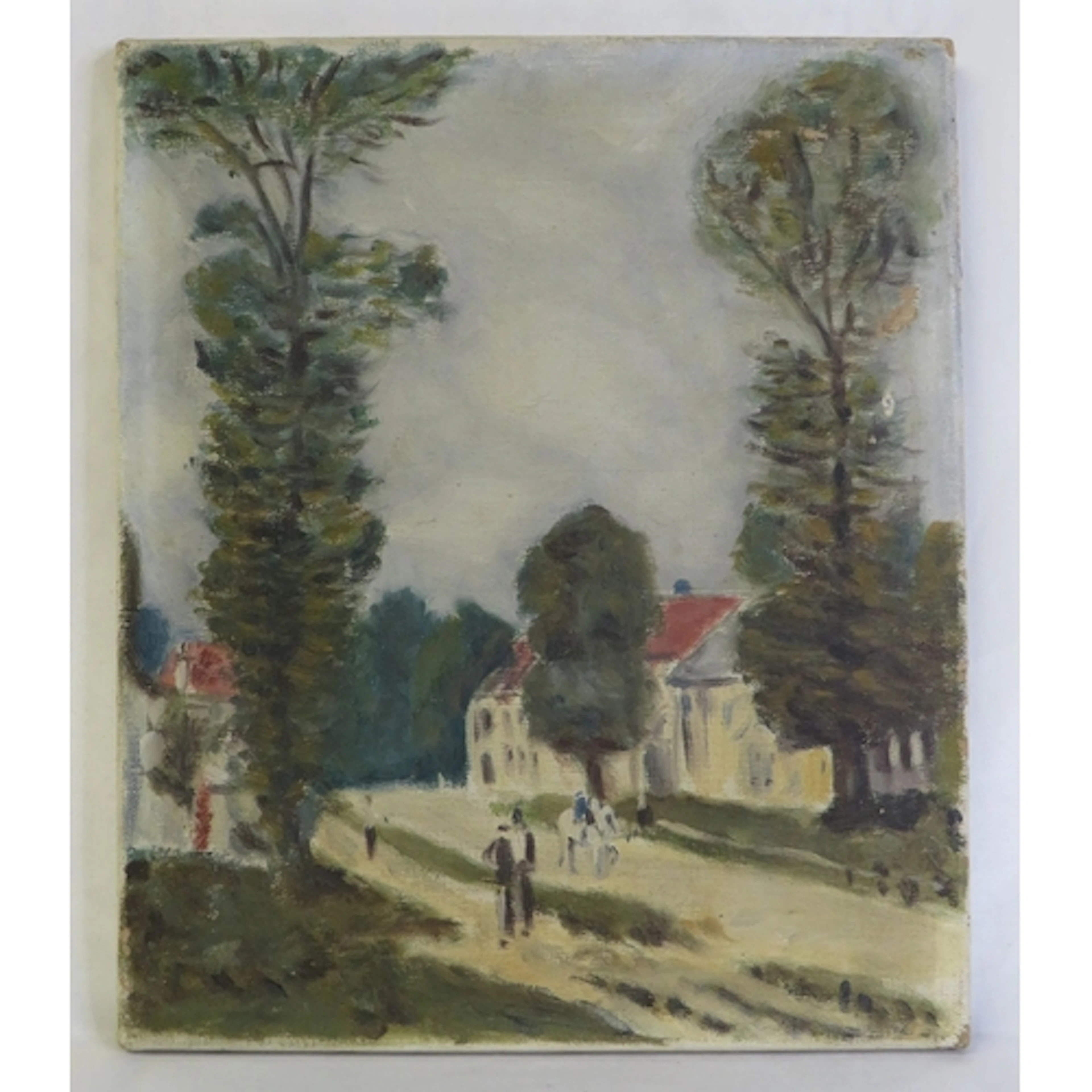 Oil on Canvas, rural scene with figures & horse between tall...