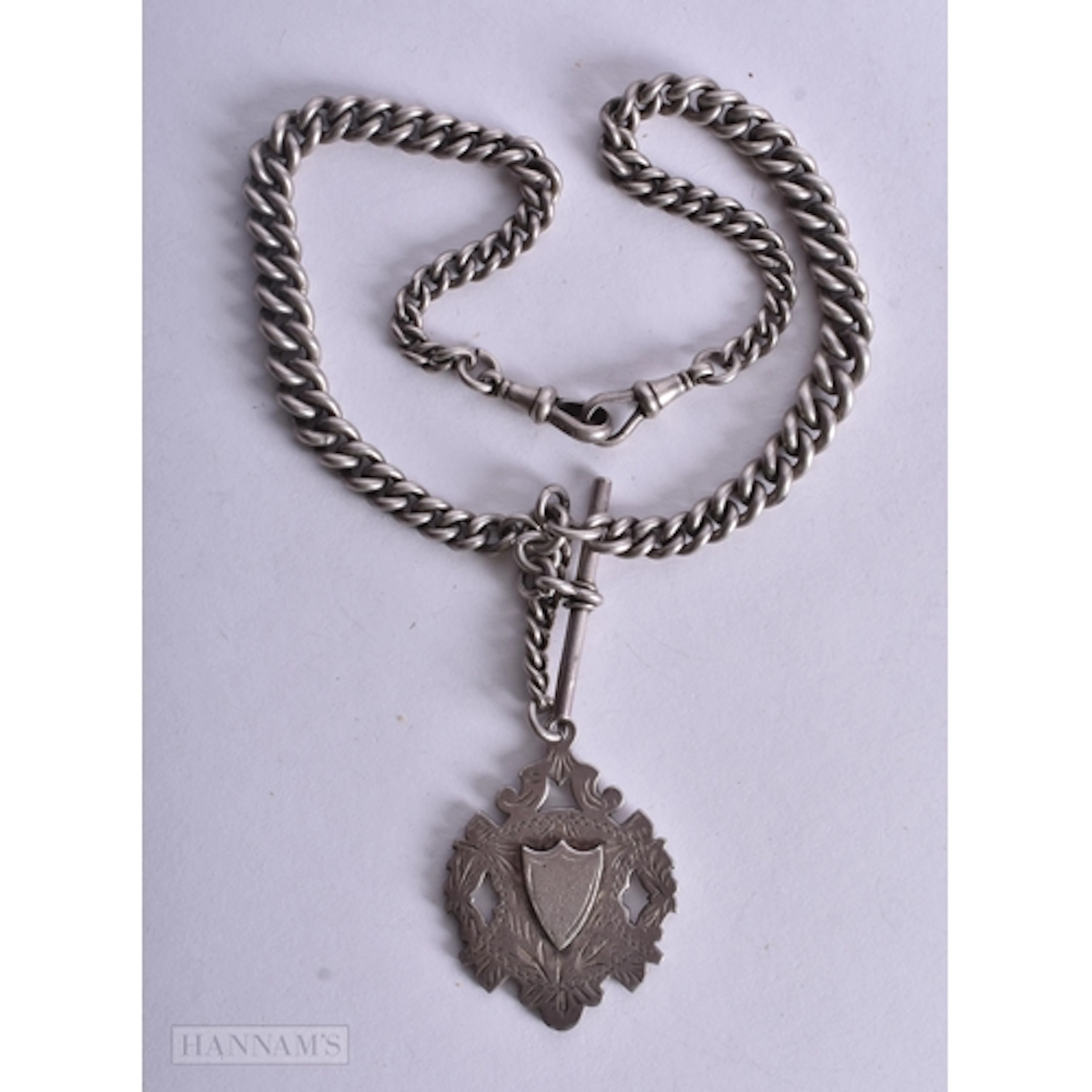 Antique Sterling Silver Double Albert Watch Chain w/ Fob (75...