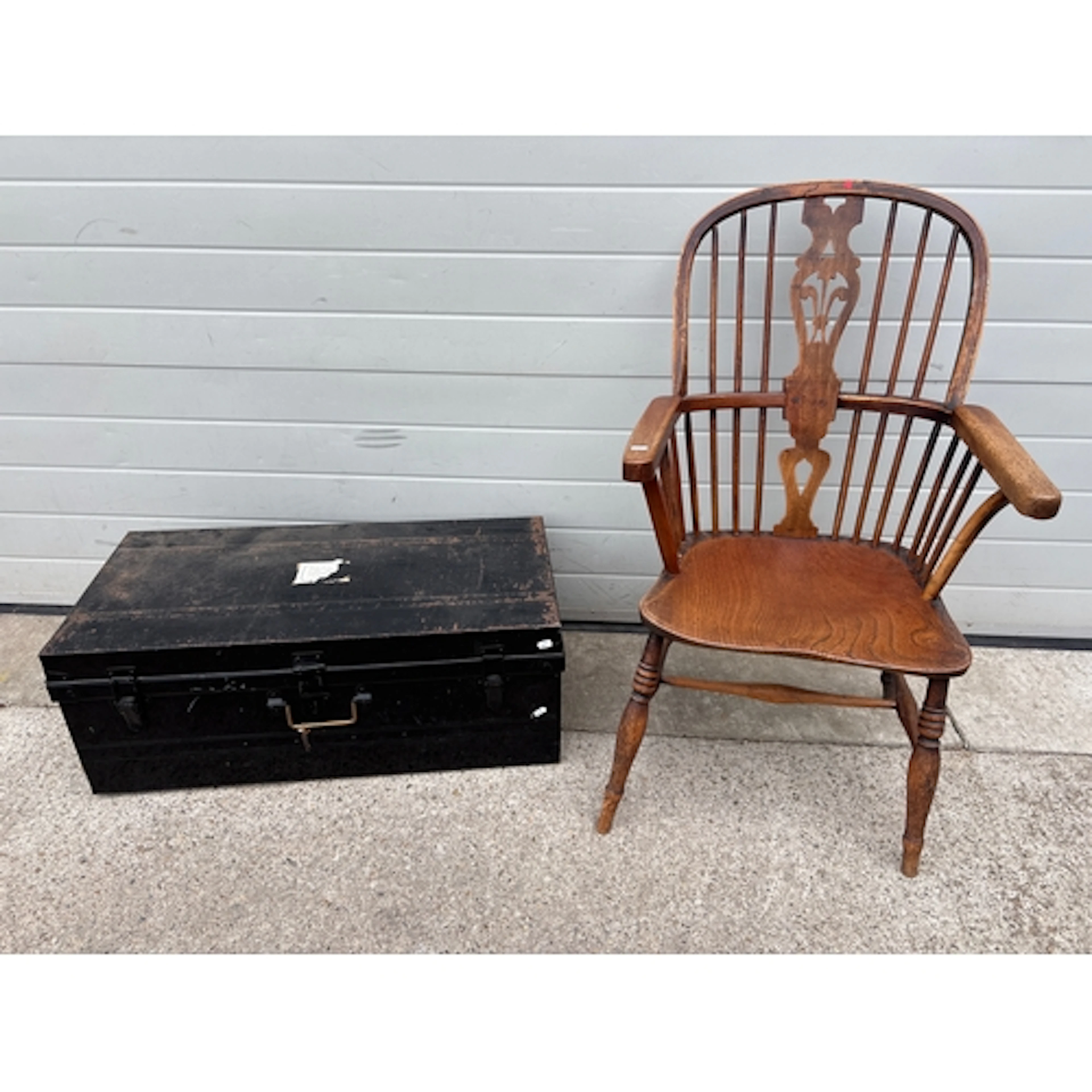 A 19thC Windsor chair AF worm together with a tin trunk (2)