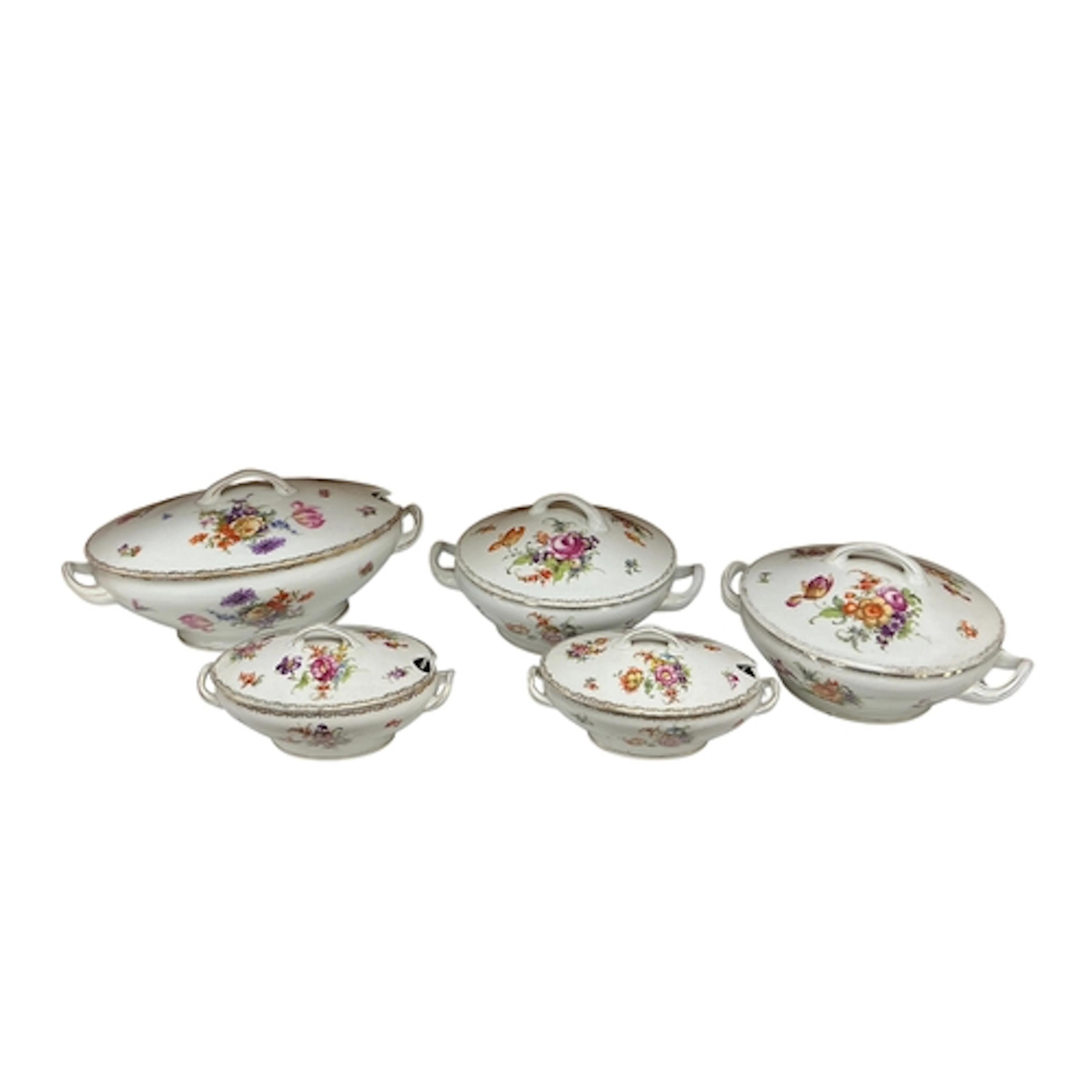 Five Czechoslovakian oval porcelain tureens with printed flo...