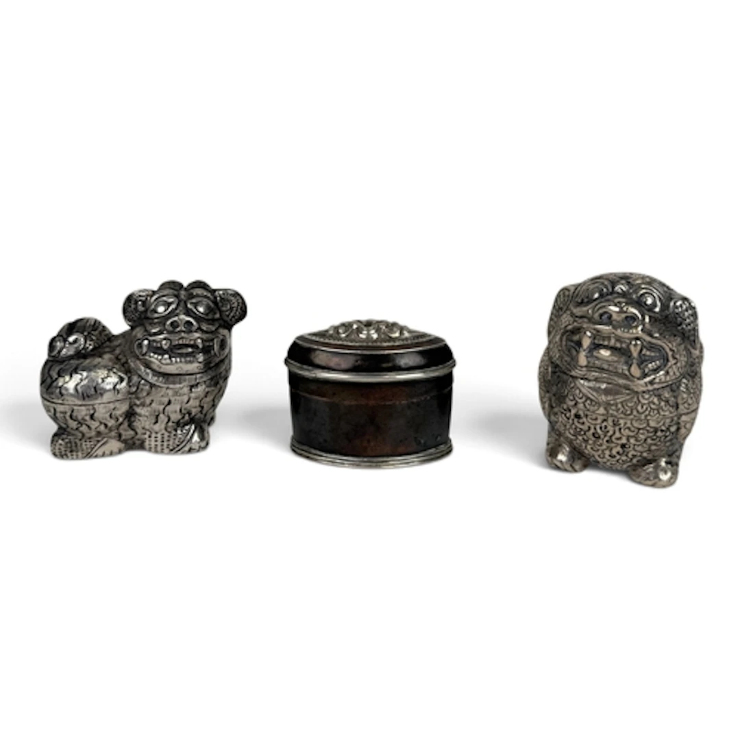 TWO SILVER CAMBODIAN LIME BOXES, SHAPED AS FU DOGS Together ...