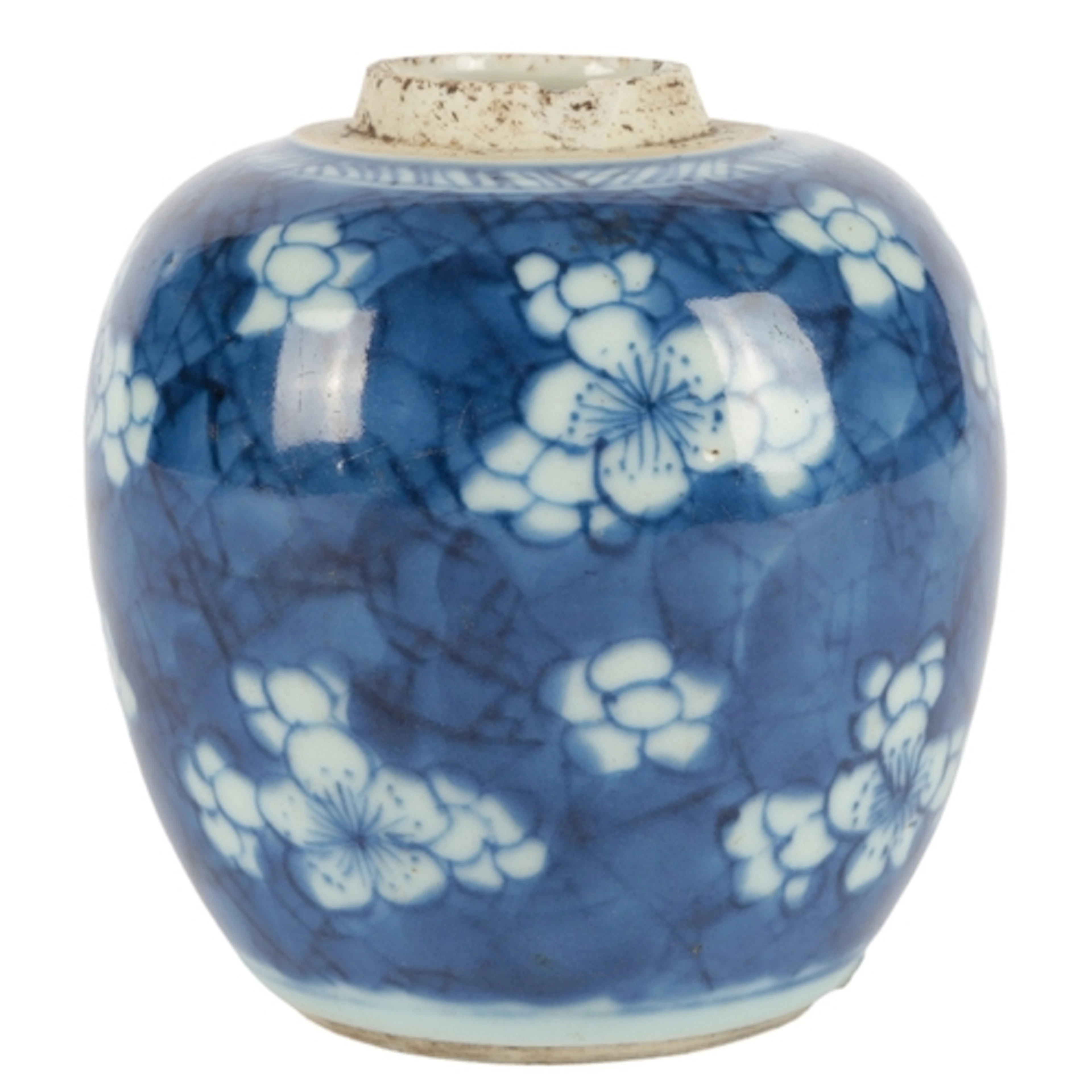 A small Chinese blue and white prunus and cracked ice jar, K...