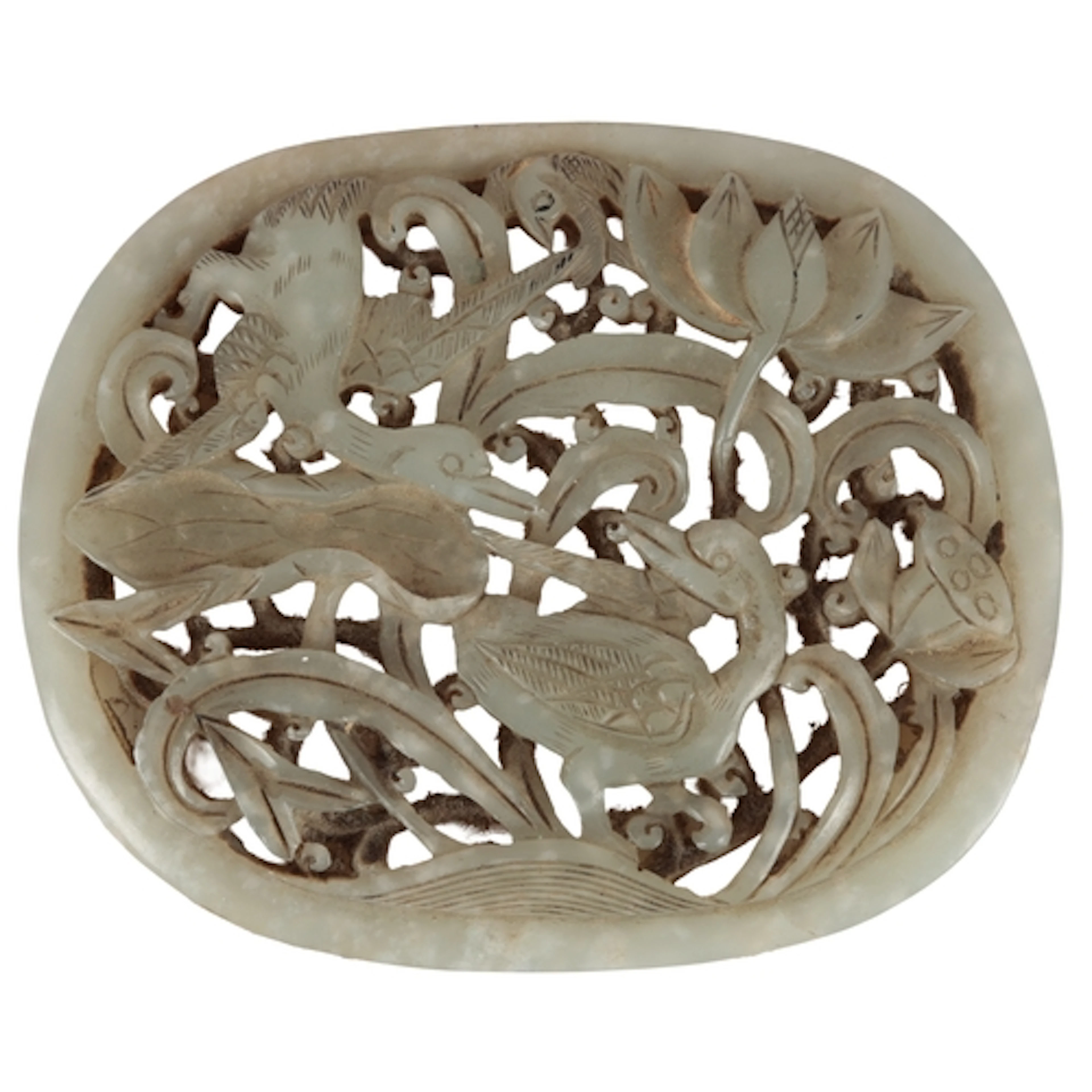 A Chinese pale celadon jade 'geese and lotus' plaque, Ming d...