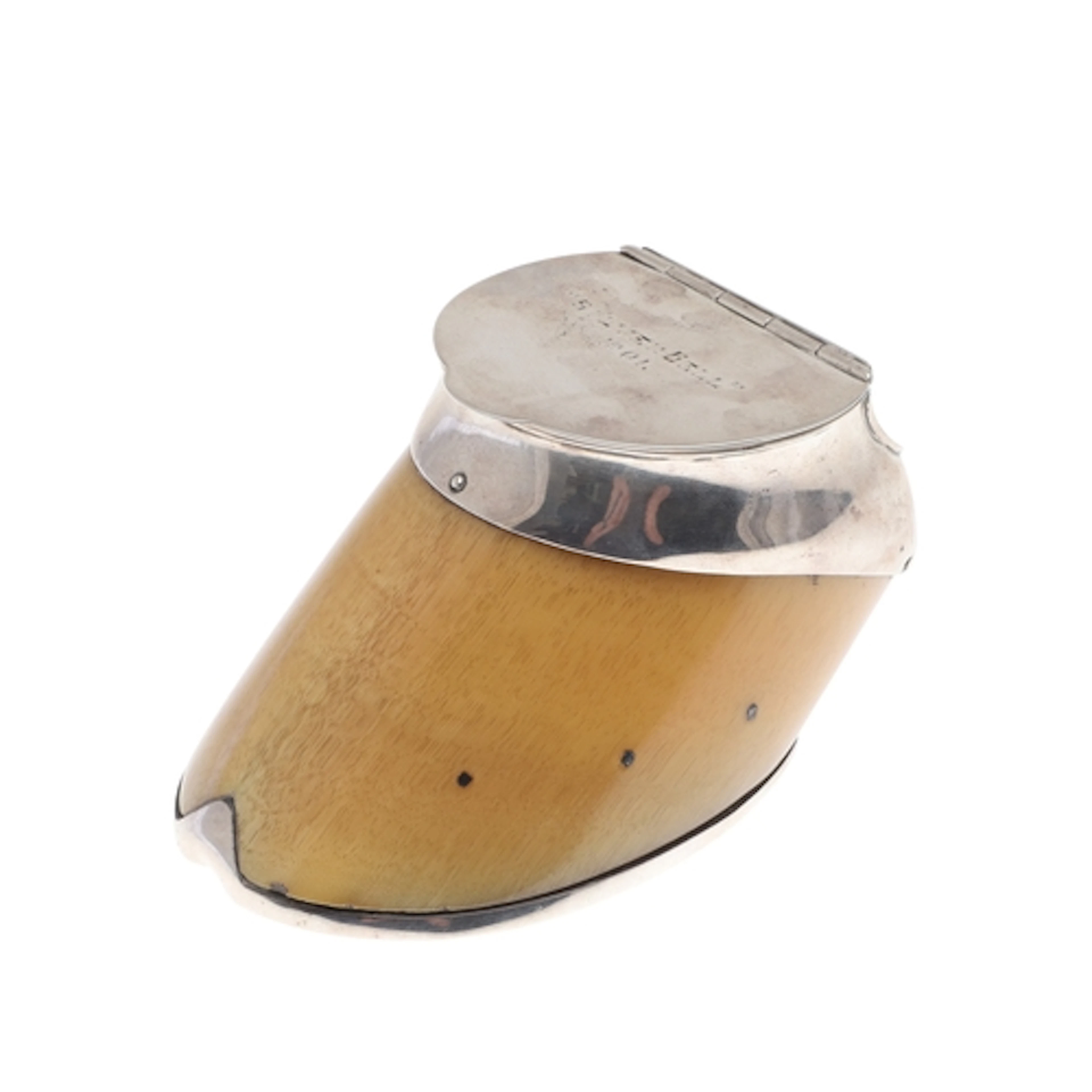AN EDWARDIAN SILVER MOUNTED HOOF INKWELL. The silver mount w...