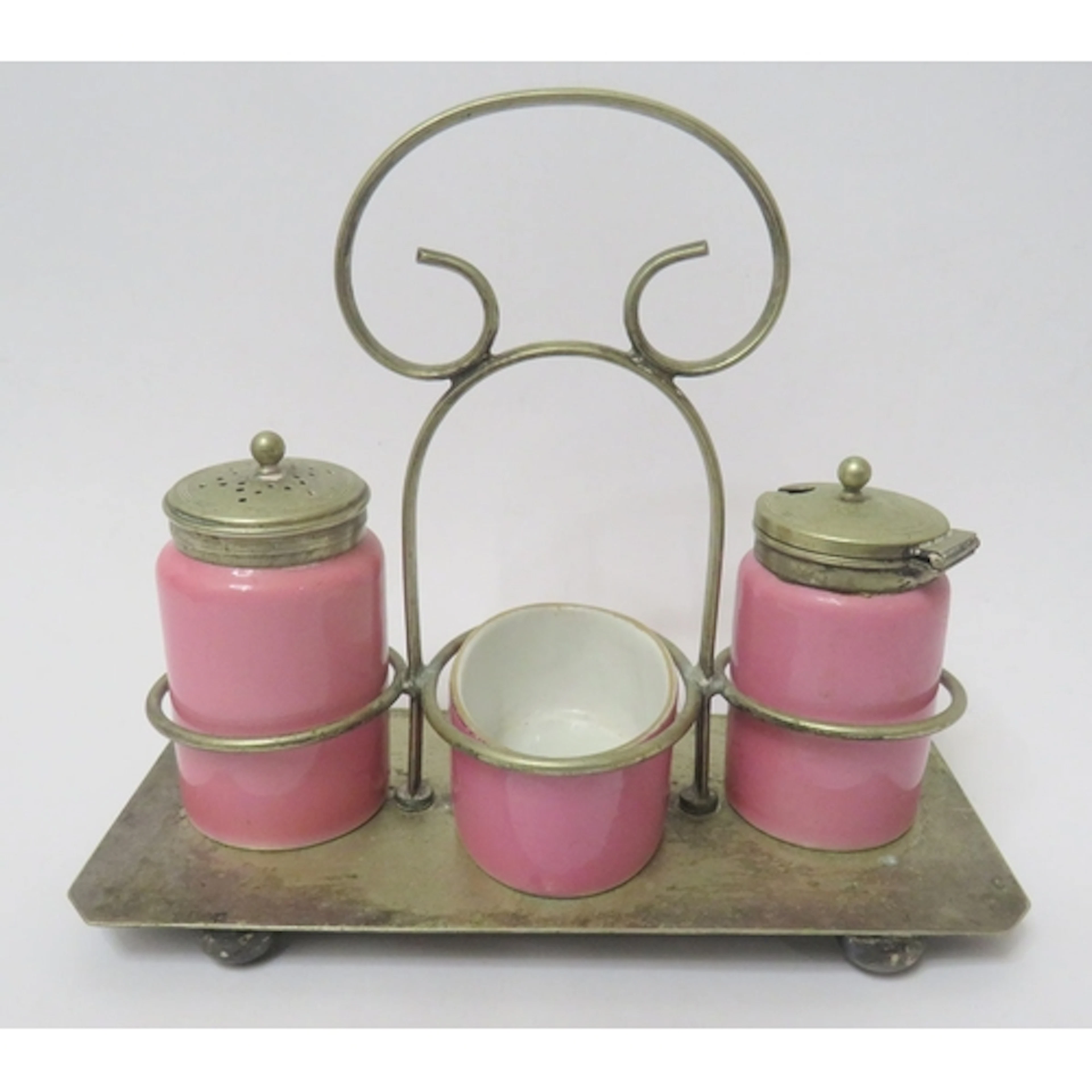 EPNS Silver Plated Cruet with pink ceramic salt, mustard, pe...