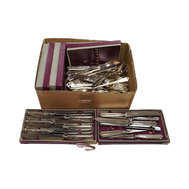 An Elizabeth II silver canteen of cutlery for six by Elkingt...