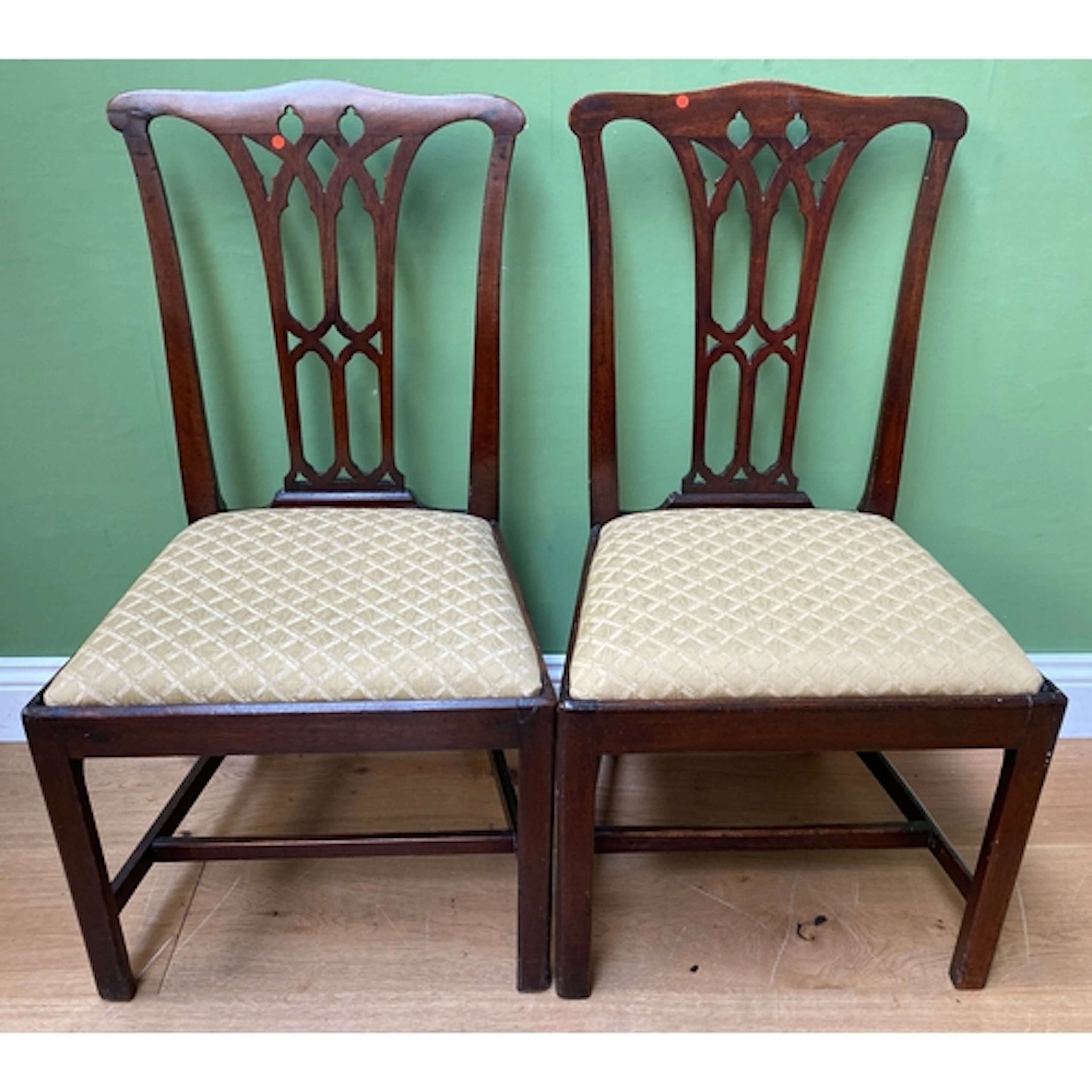 A set of three 18th century splatback side chairs with Gothi...
