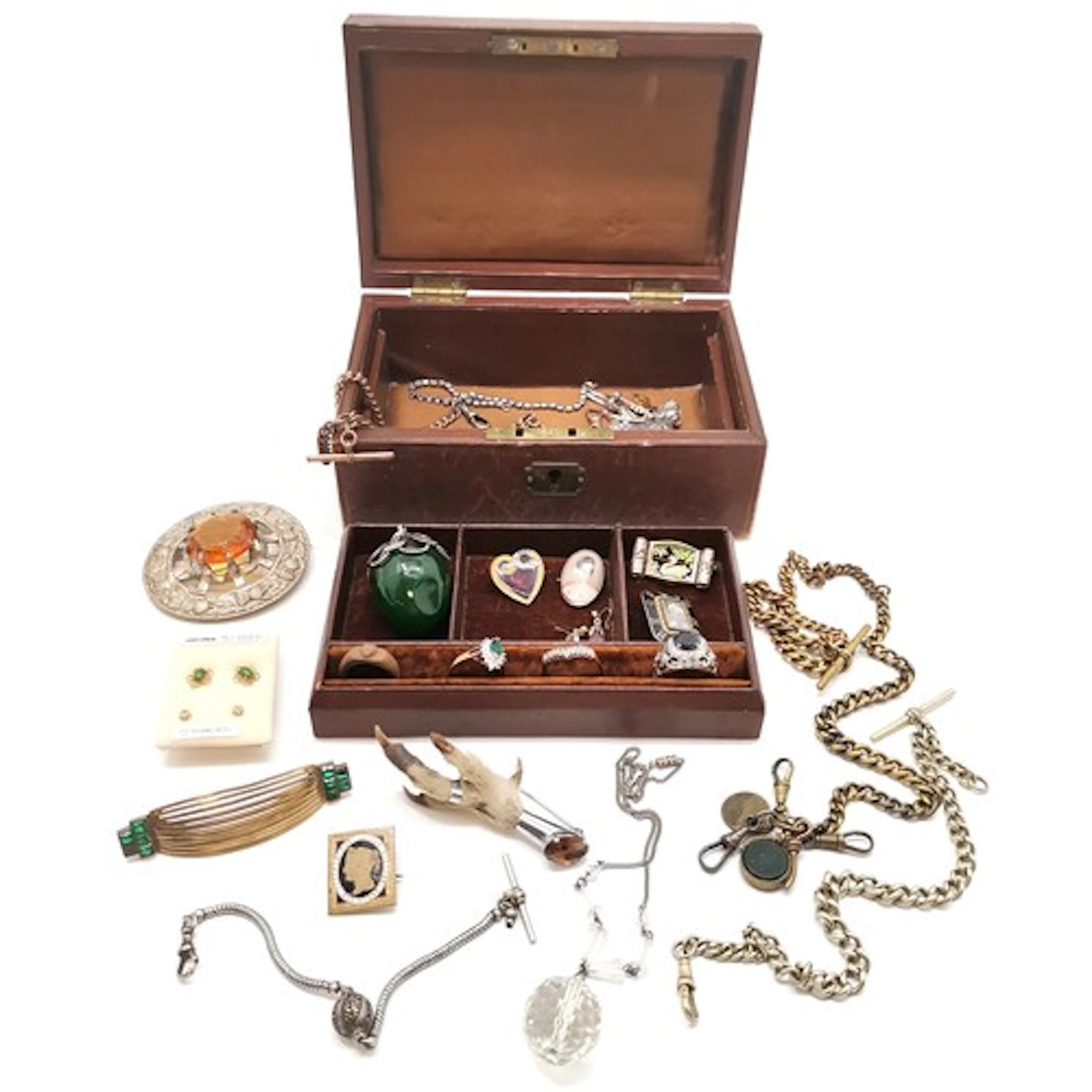 Antique brown leather jewellery box containing mostly antiqu...