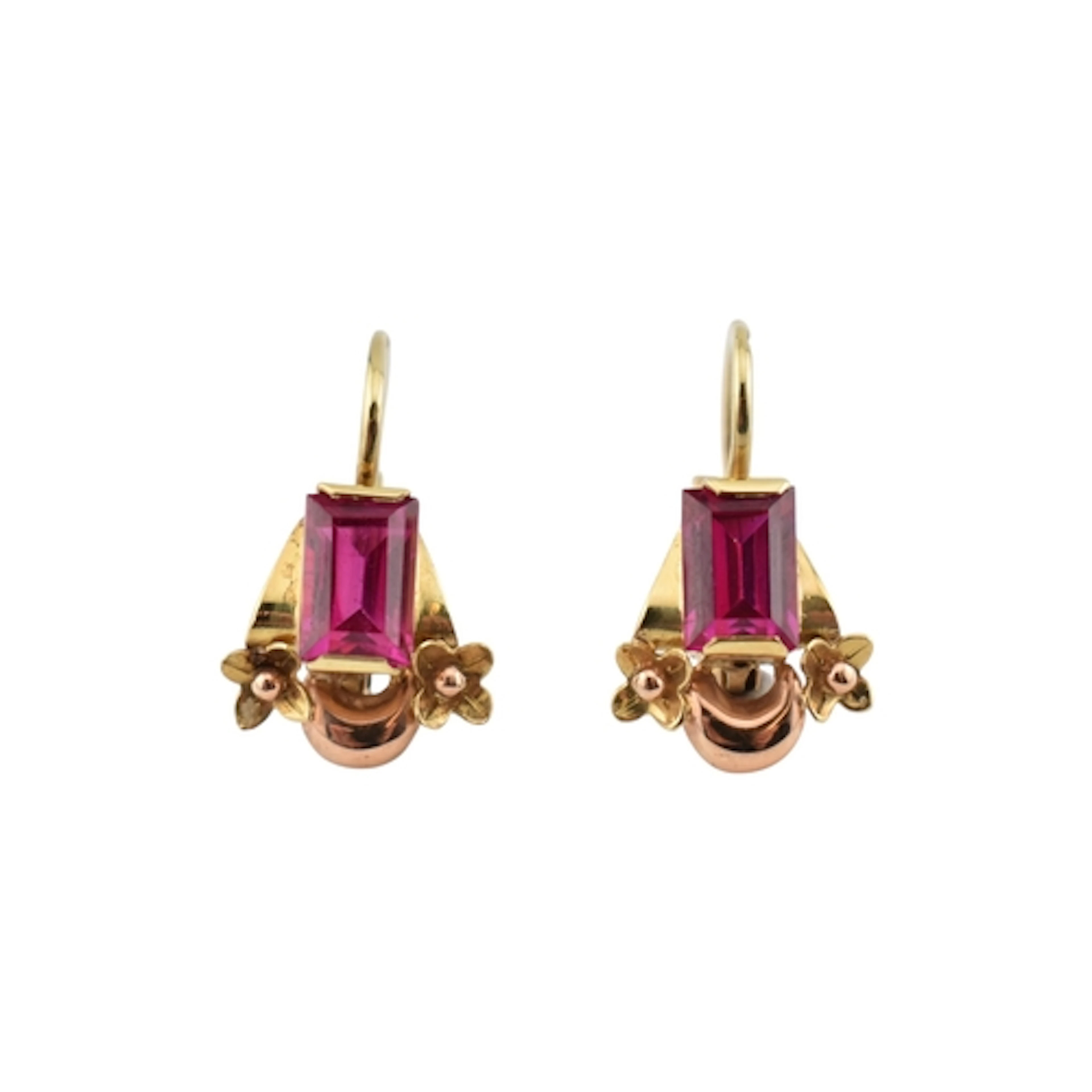 A pair of 14ct gold and synthetic ruby pendant earrings. The...