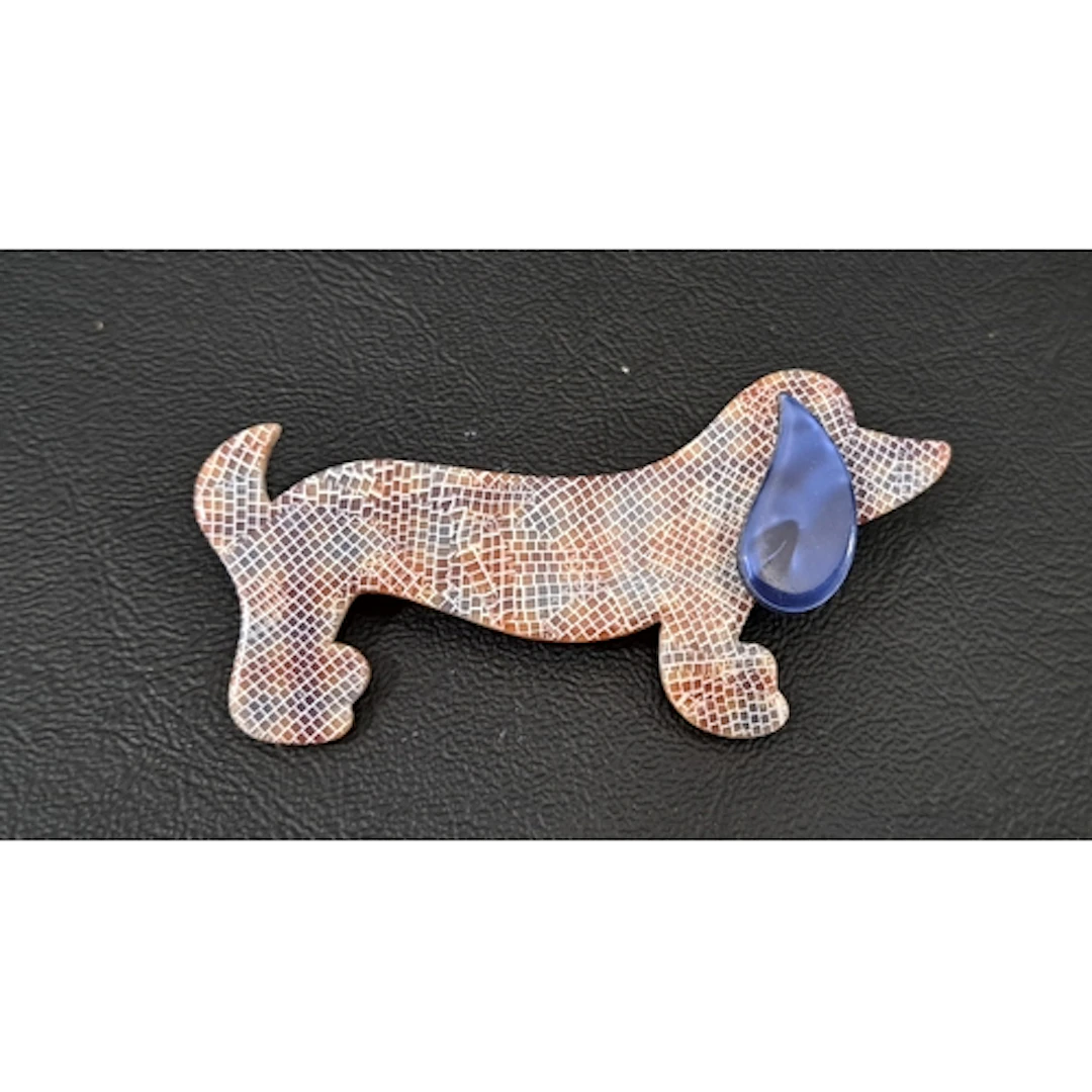 LEA STEIN DACHSHUND BROOCH with multi coloured lace effect b...