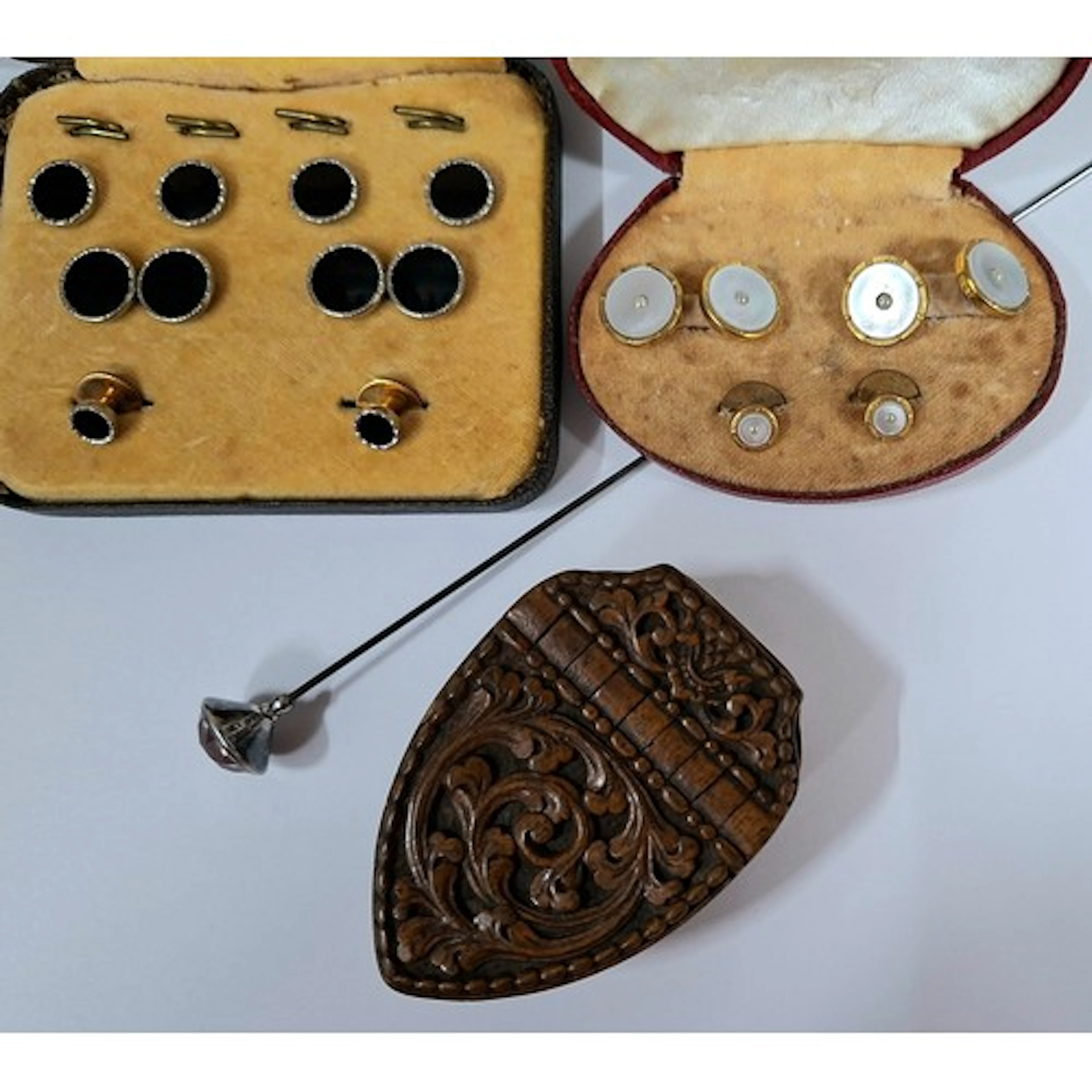 Two vintage shirt button sets comprising a black enamelled s...