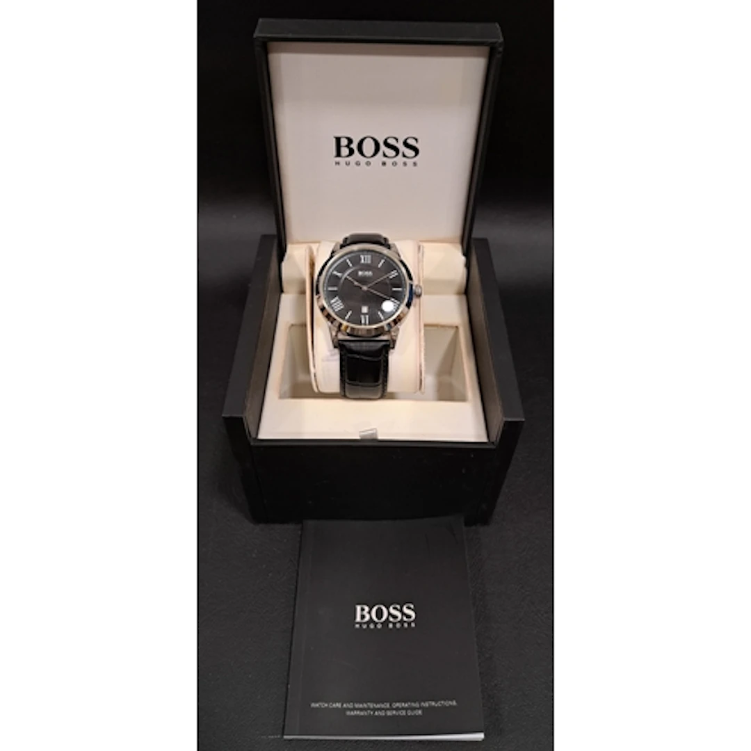 BOXED HUGO BOSS WRISTWATCH the black dial with Roman numeral...