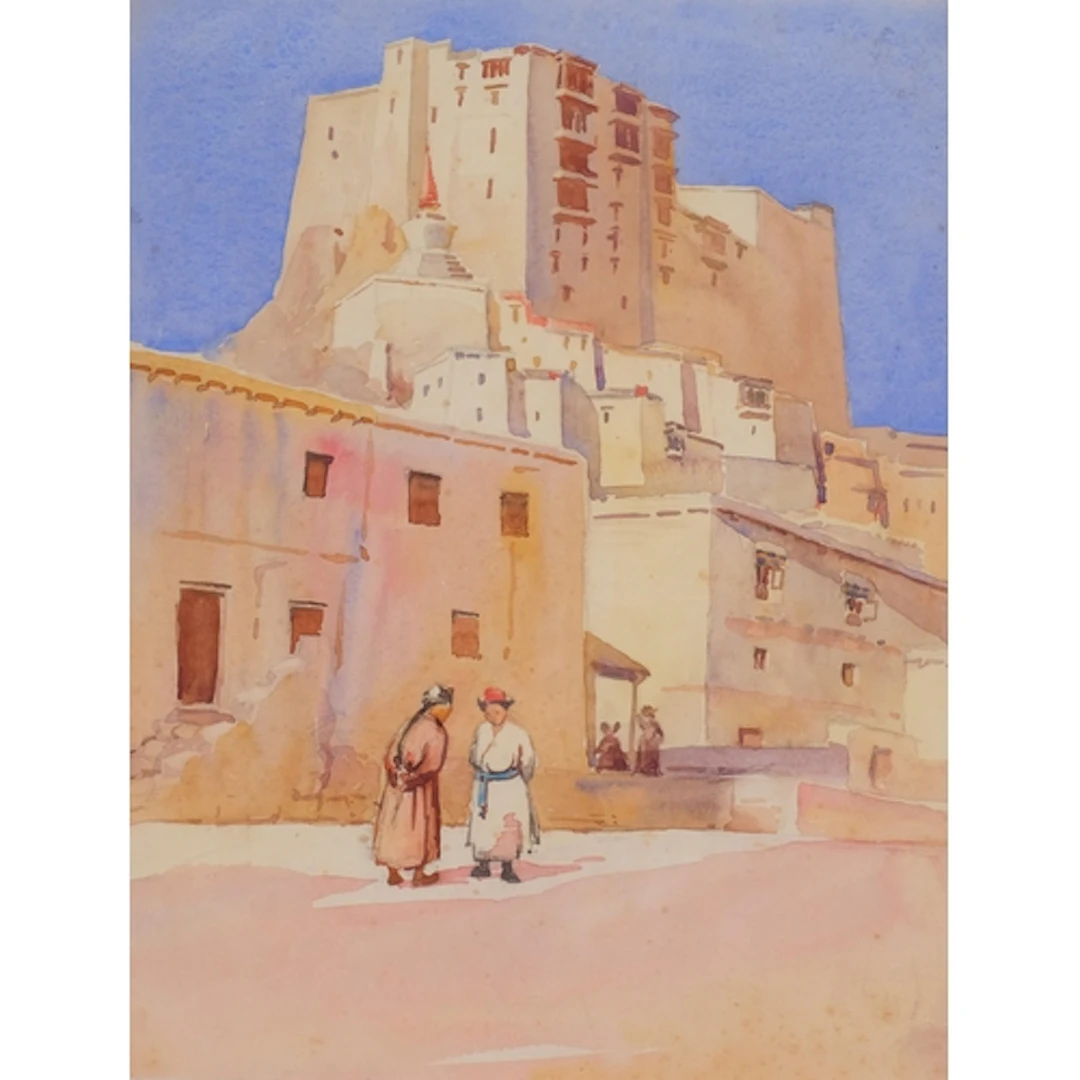 Tibetan street scene, early 20th century watercolour, unsign...