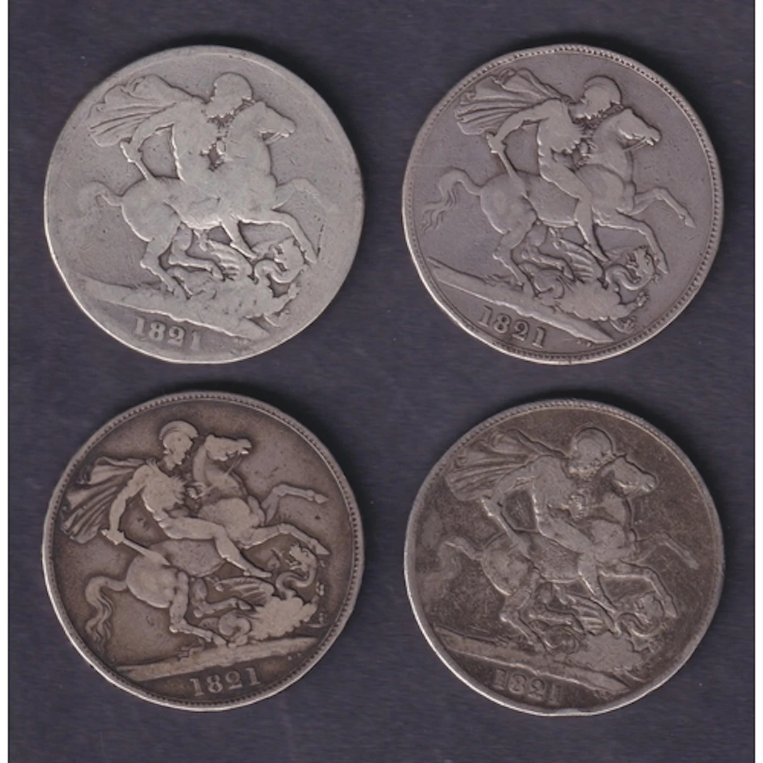A group of four UK King George IV 1821 Silver Crowns, Edge Y...