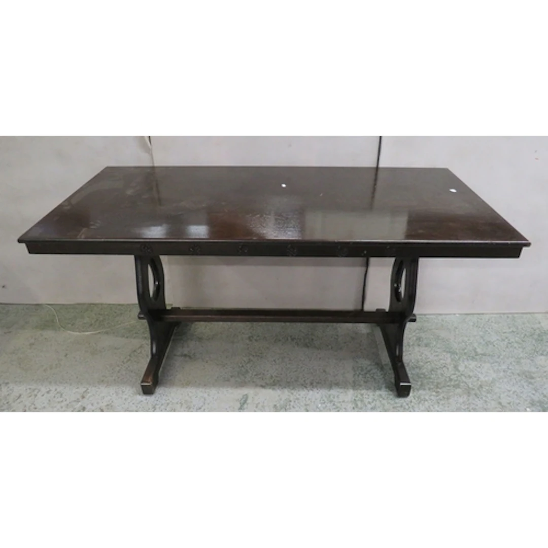Dark Stained Oak Refectory Dining Table, trestle ends, stret...