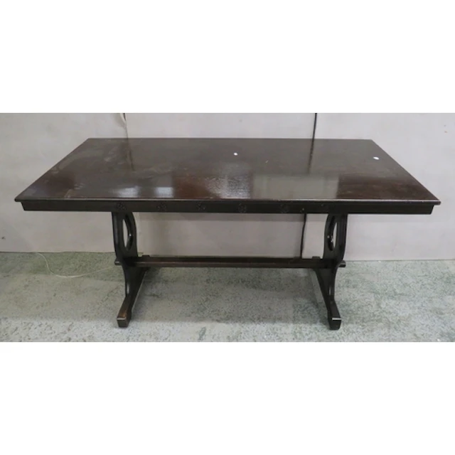 Dark Stained Oak Refectory Dining Table, trestle ends, stret...