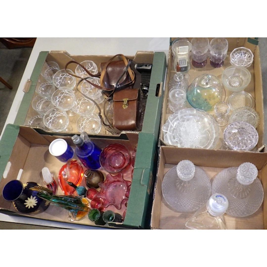Three decanters, various coloured and clear glassware, pair ...