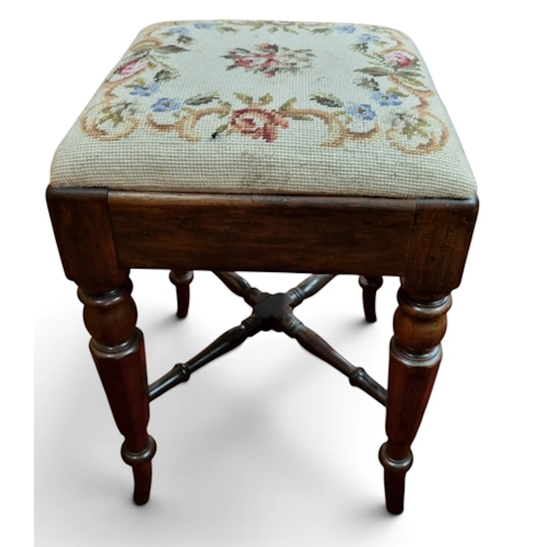 A Regency Mahogany square Stool with tapestry upholstered to...