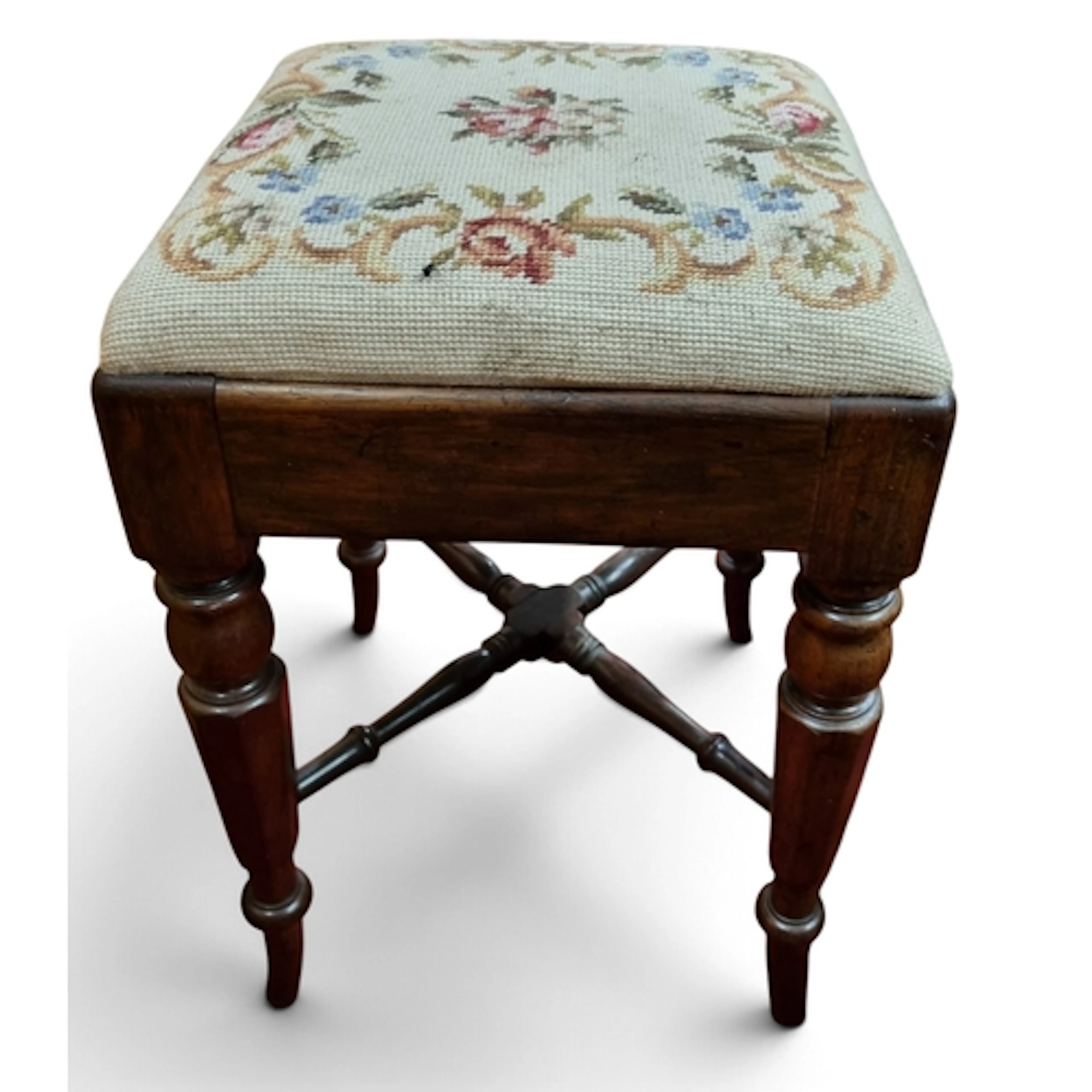 A Regency Mahogany square Stool with tapestry upholstered to...