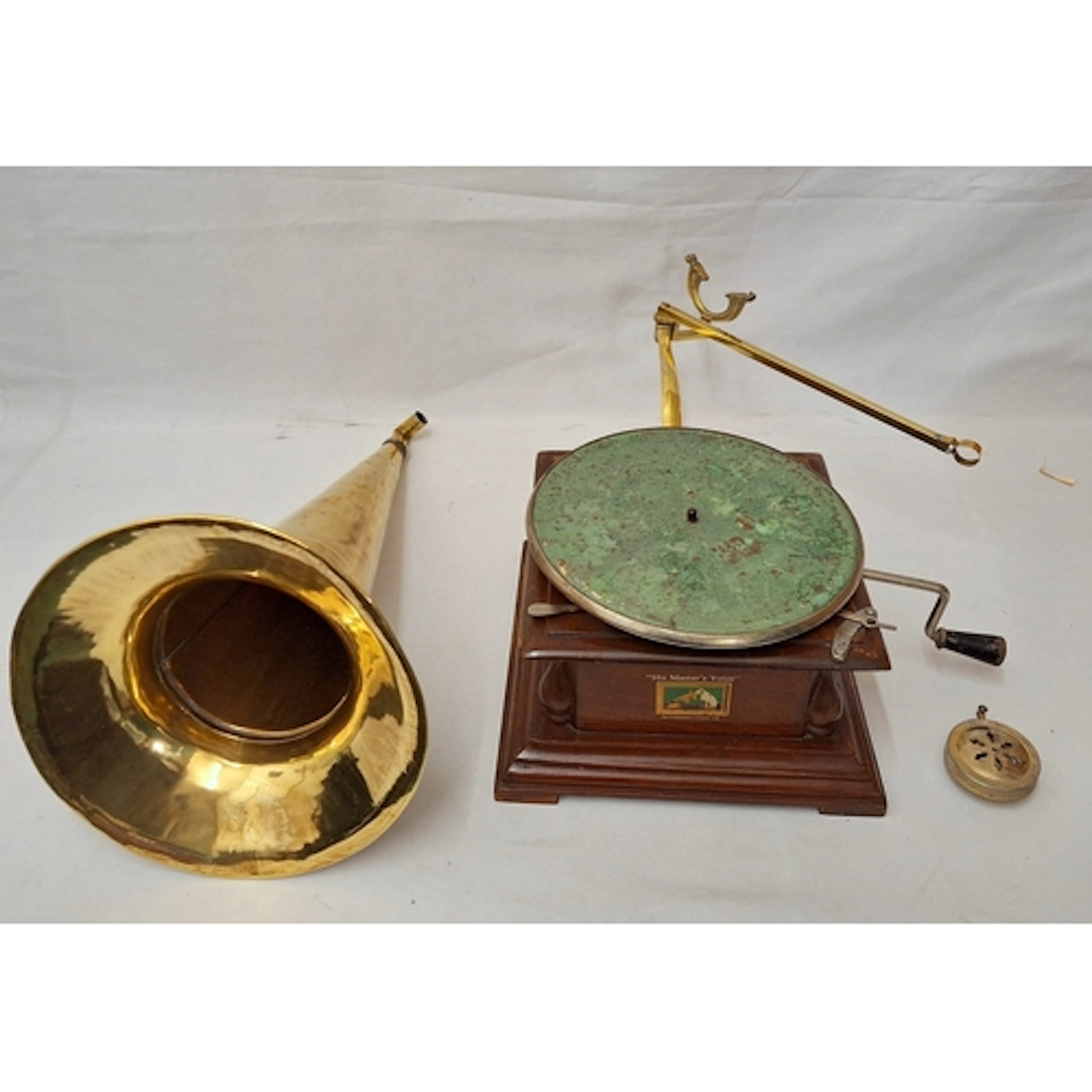 His Masters Voice Wind Up Gramophone with brass horn, horn a...