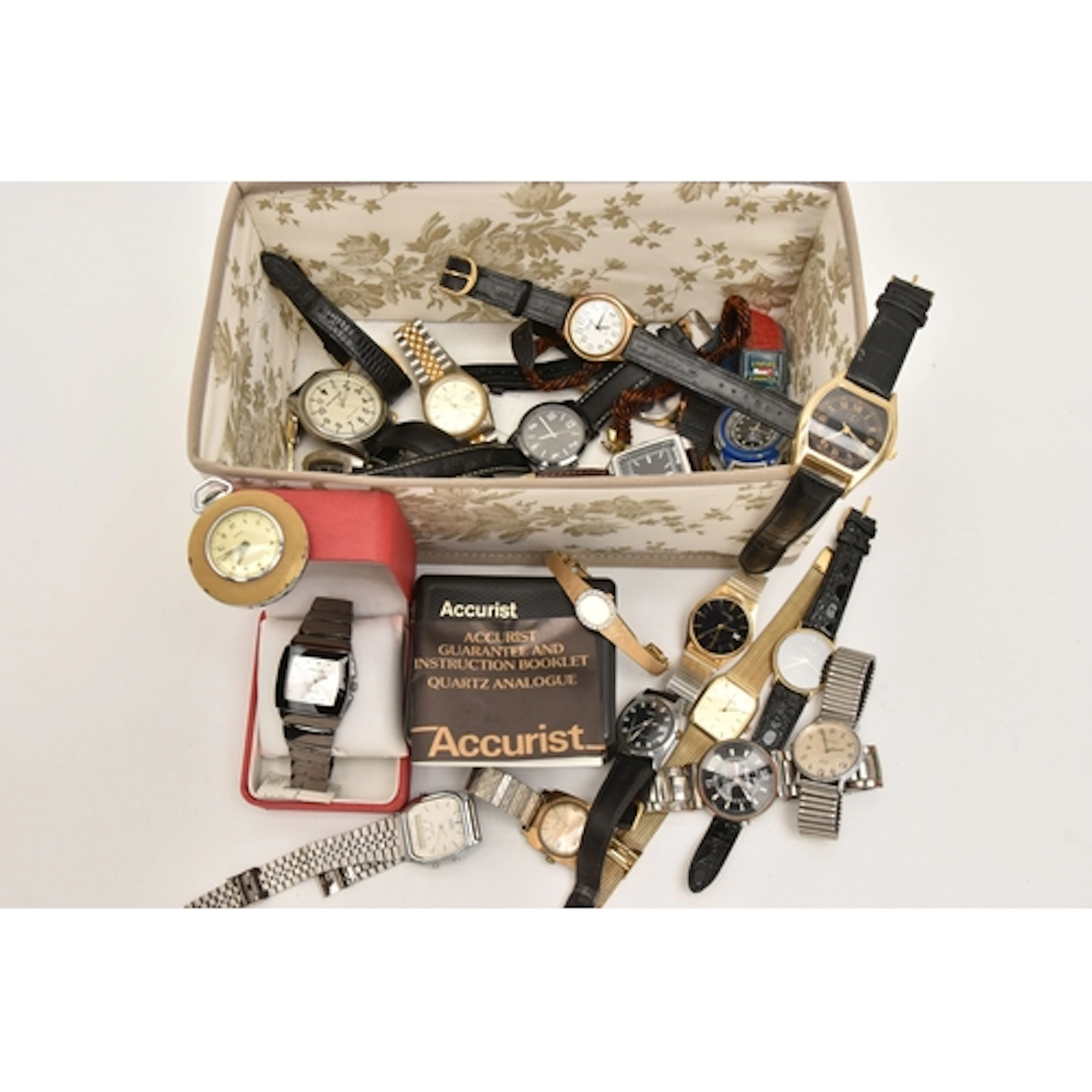 A BOX OF ASSORTED LADIES AND GENTS WRISTWATCHES, names to in...