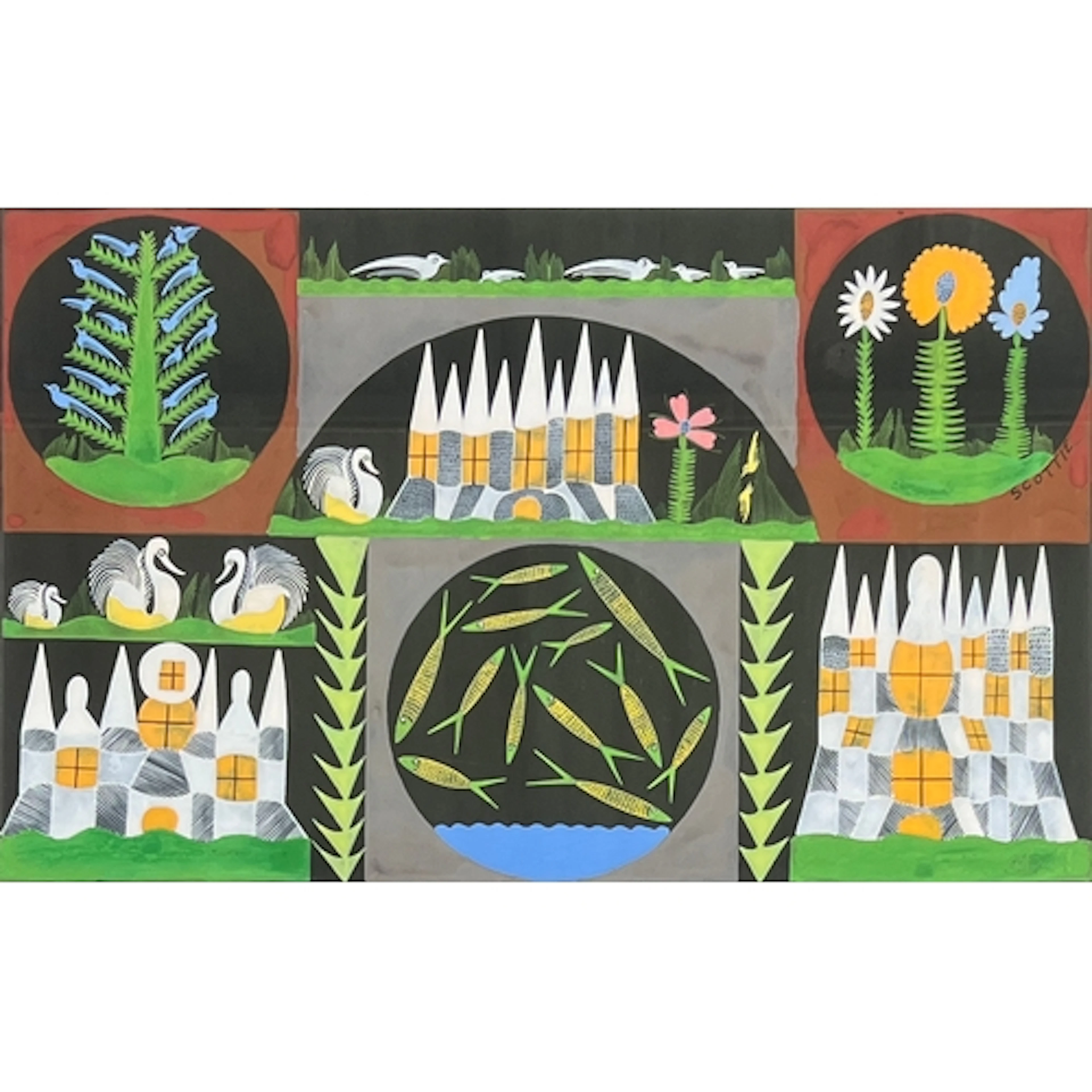 Scottie Wilson (1888-1972), Buildings, Birds, Swans, and Fis...