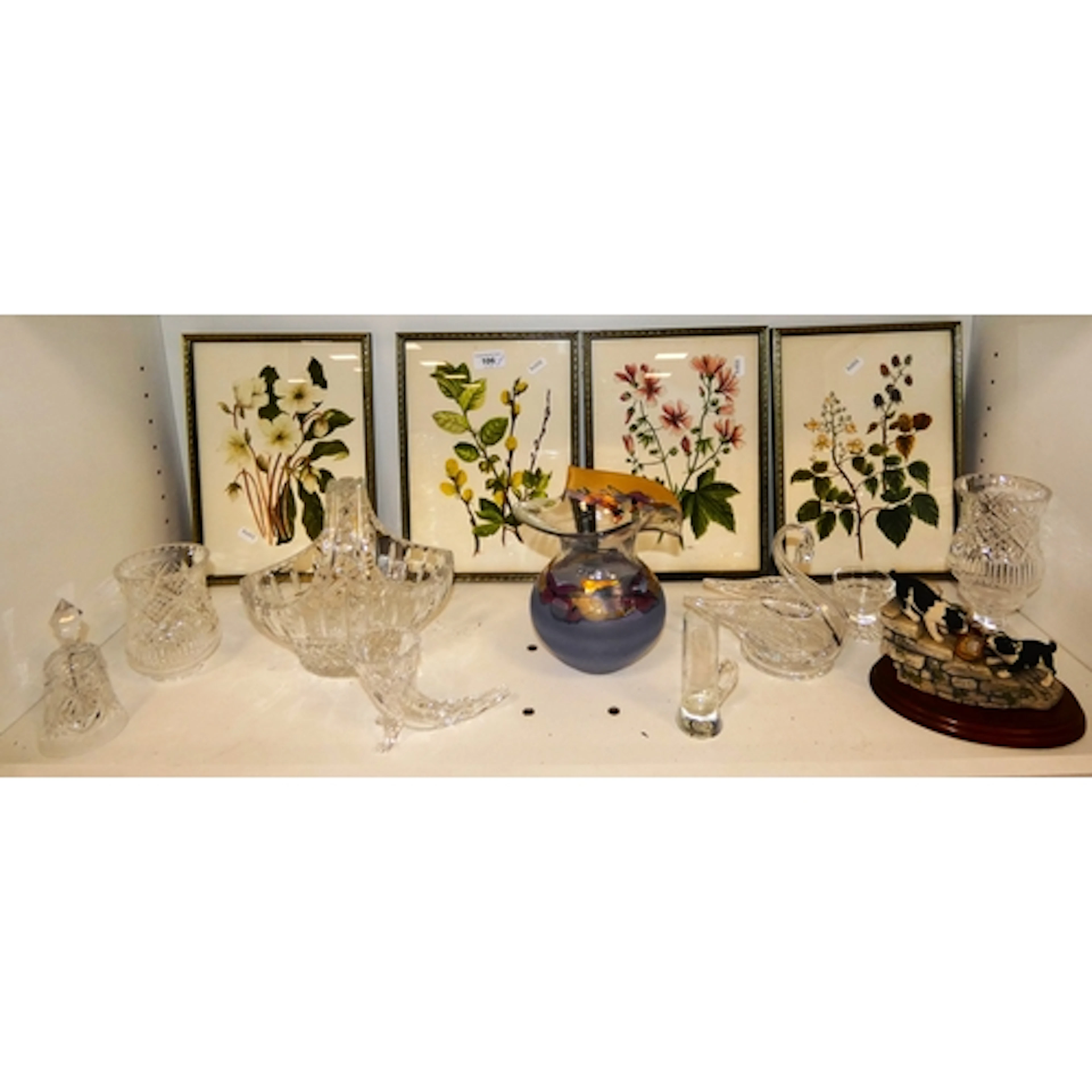 Shelf lot of crystal and glass to include basket and ornamen...