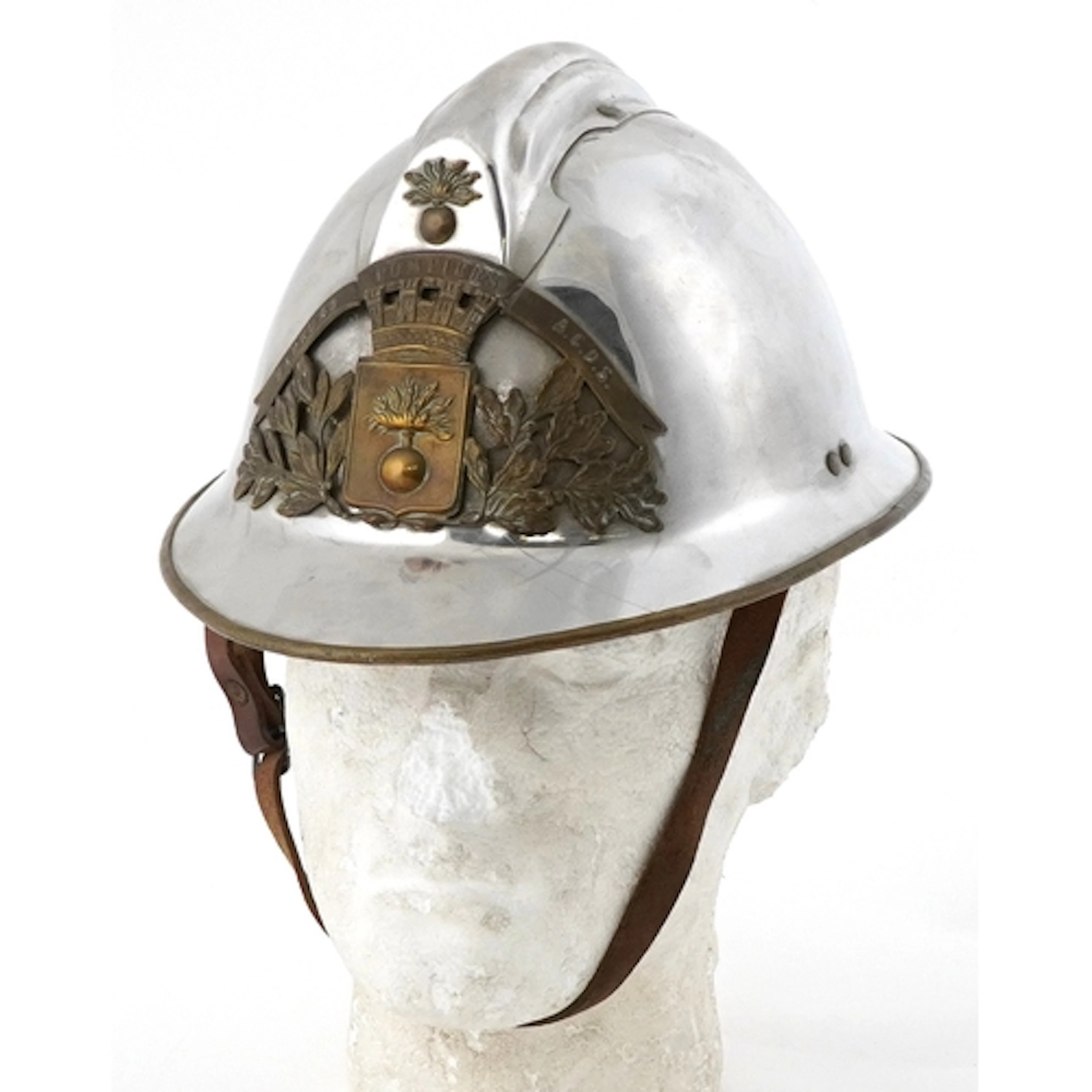 Vintage French Firefighter helmet constructed in polished ni...