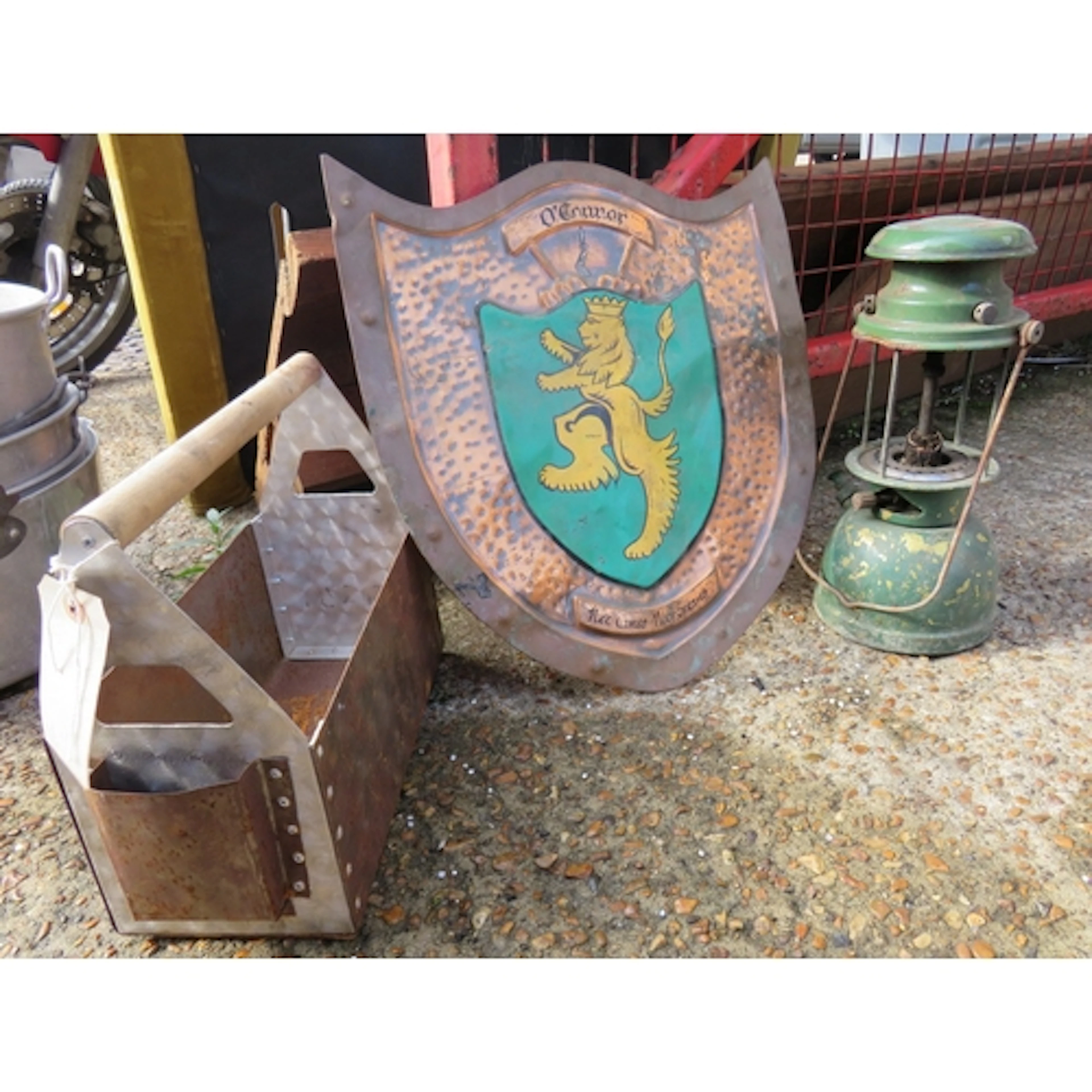 Riveted Metal Wooden Handled Trug, copper hammered wall plaq...