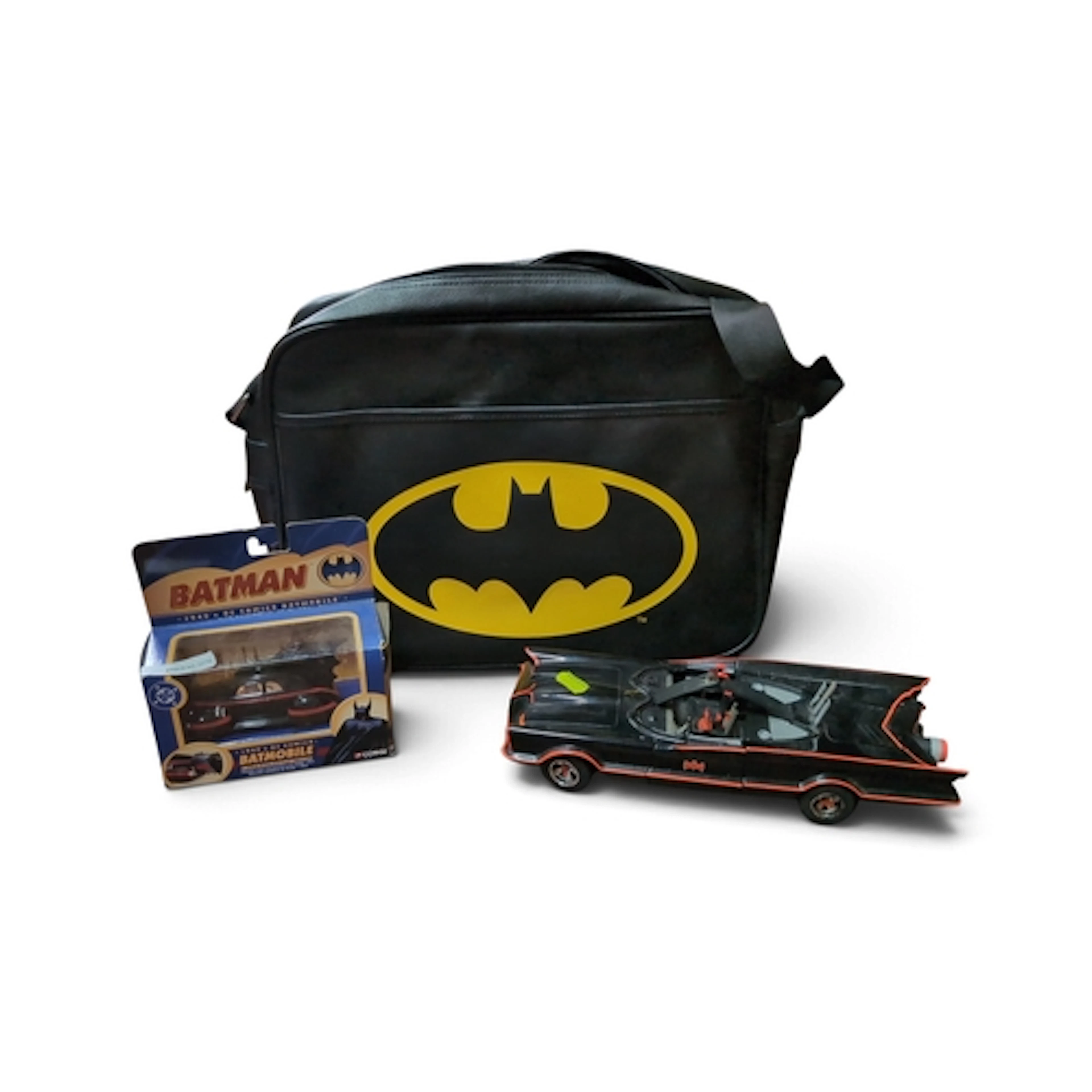 Batman collectibles comprising a large black-and-red Batmobi...