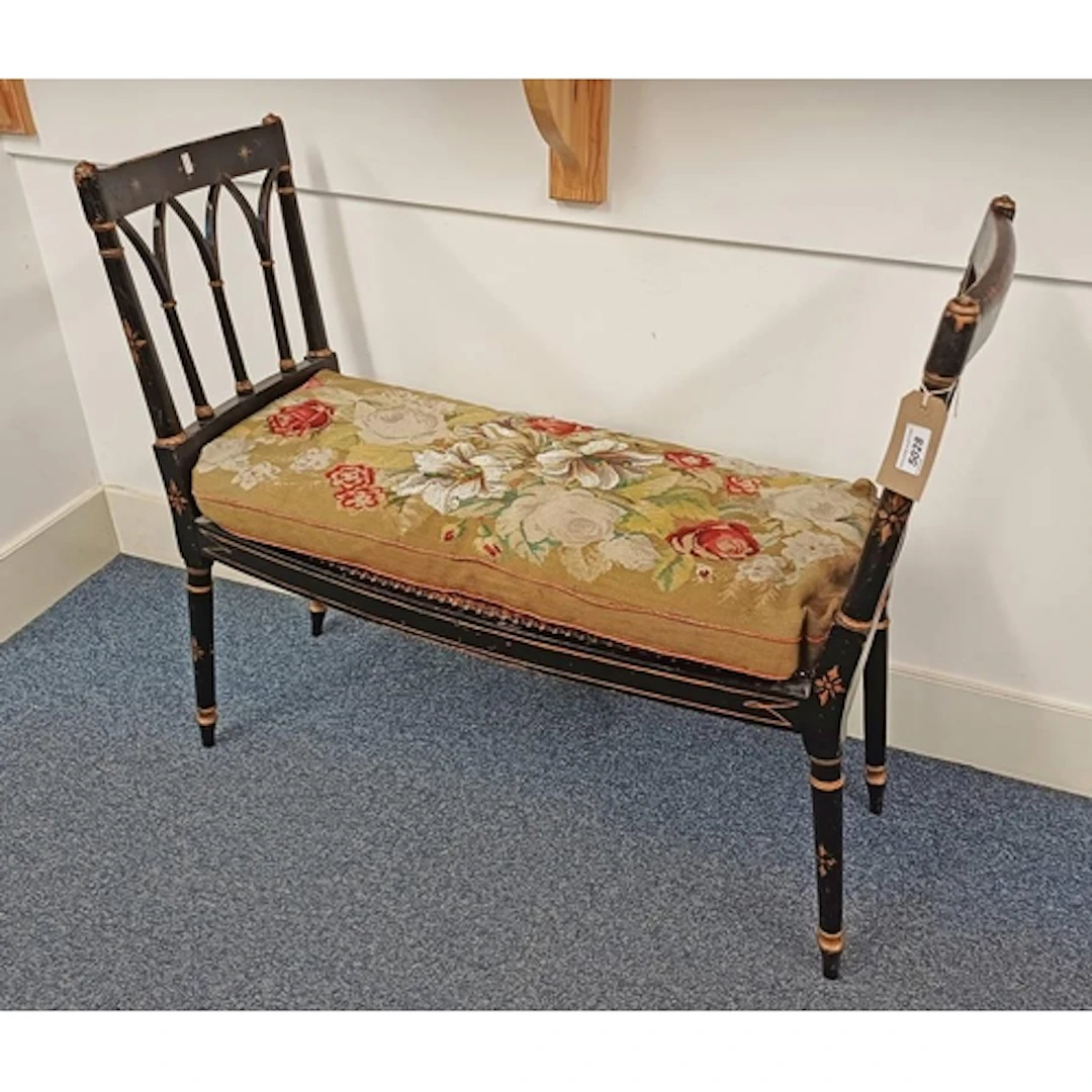 REGENCY EBONISED & GILT WINDOW STOOL WITH PAINTED DECORATION...