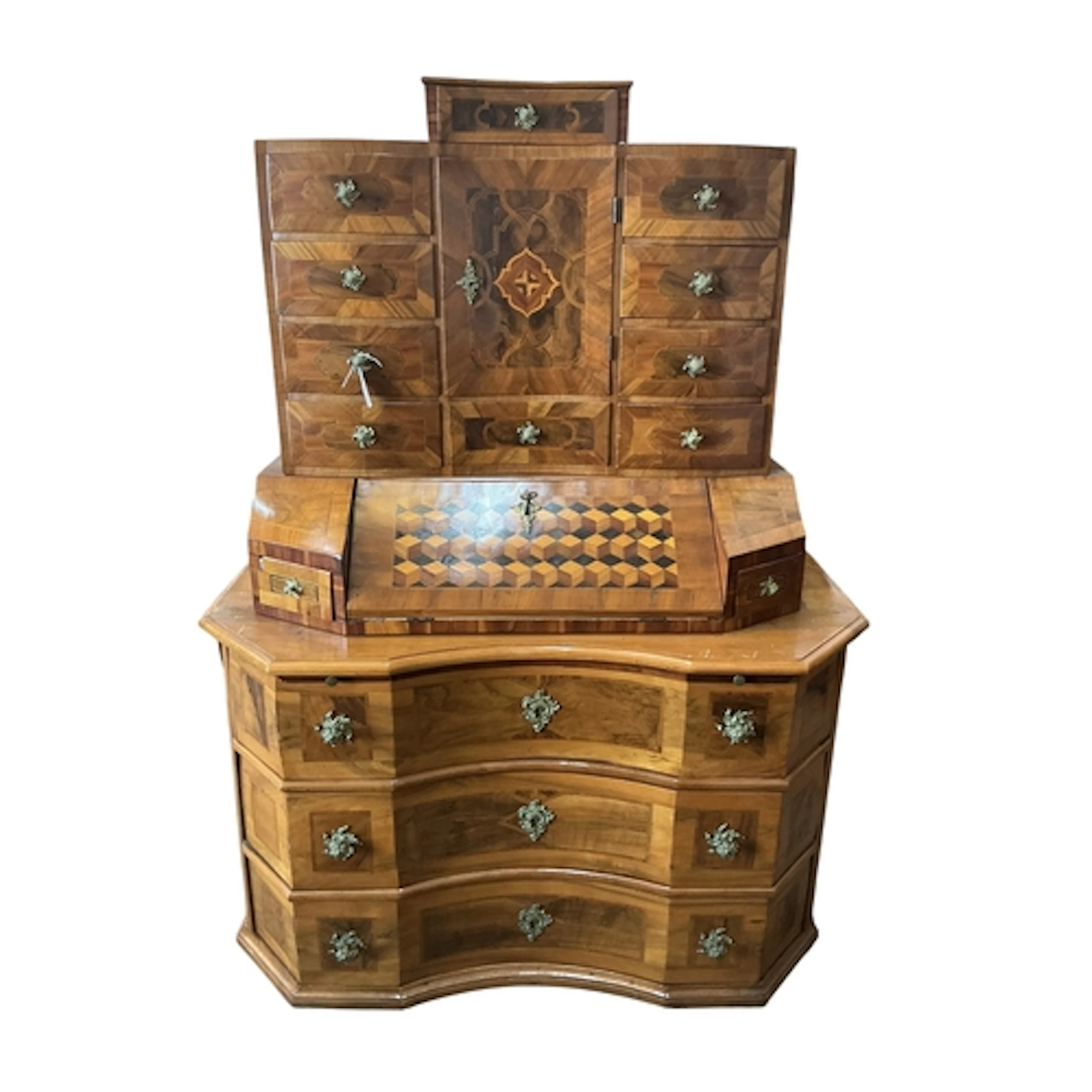An 18th century south German parquetry inlaid bureau bookcas...