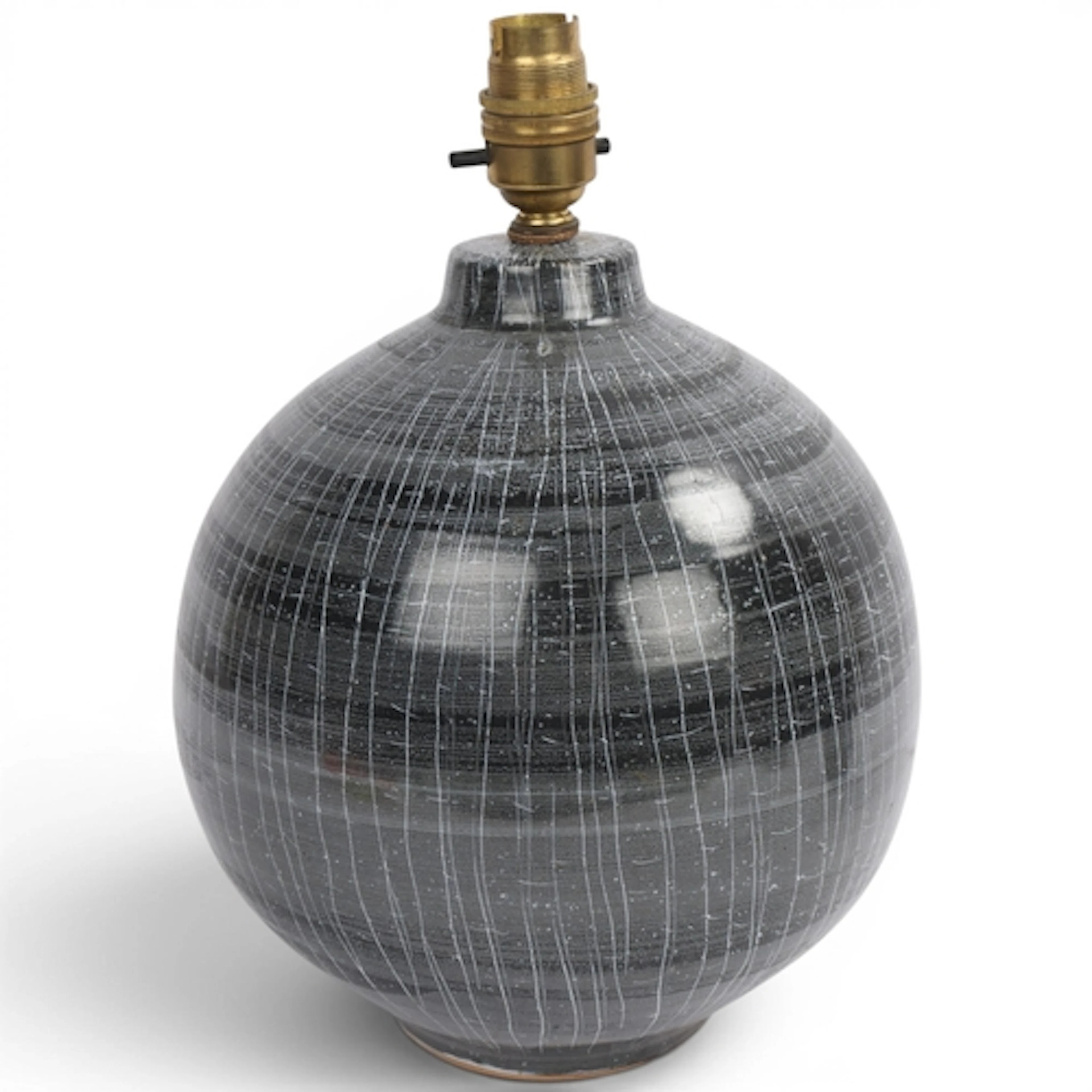 A large spherical Rye Pottery mid-century lamp base, in blac...