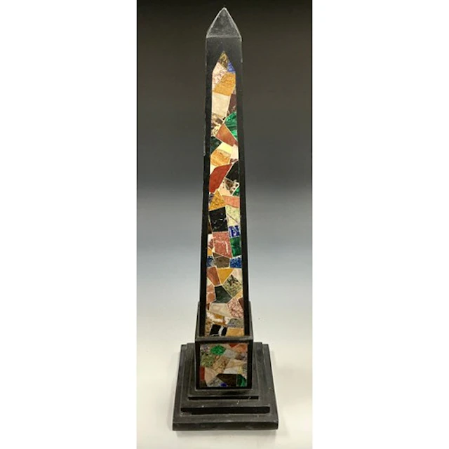 A pietra dura marble library obelisk, pietra dura inlaid wit...