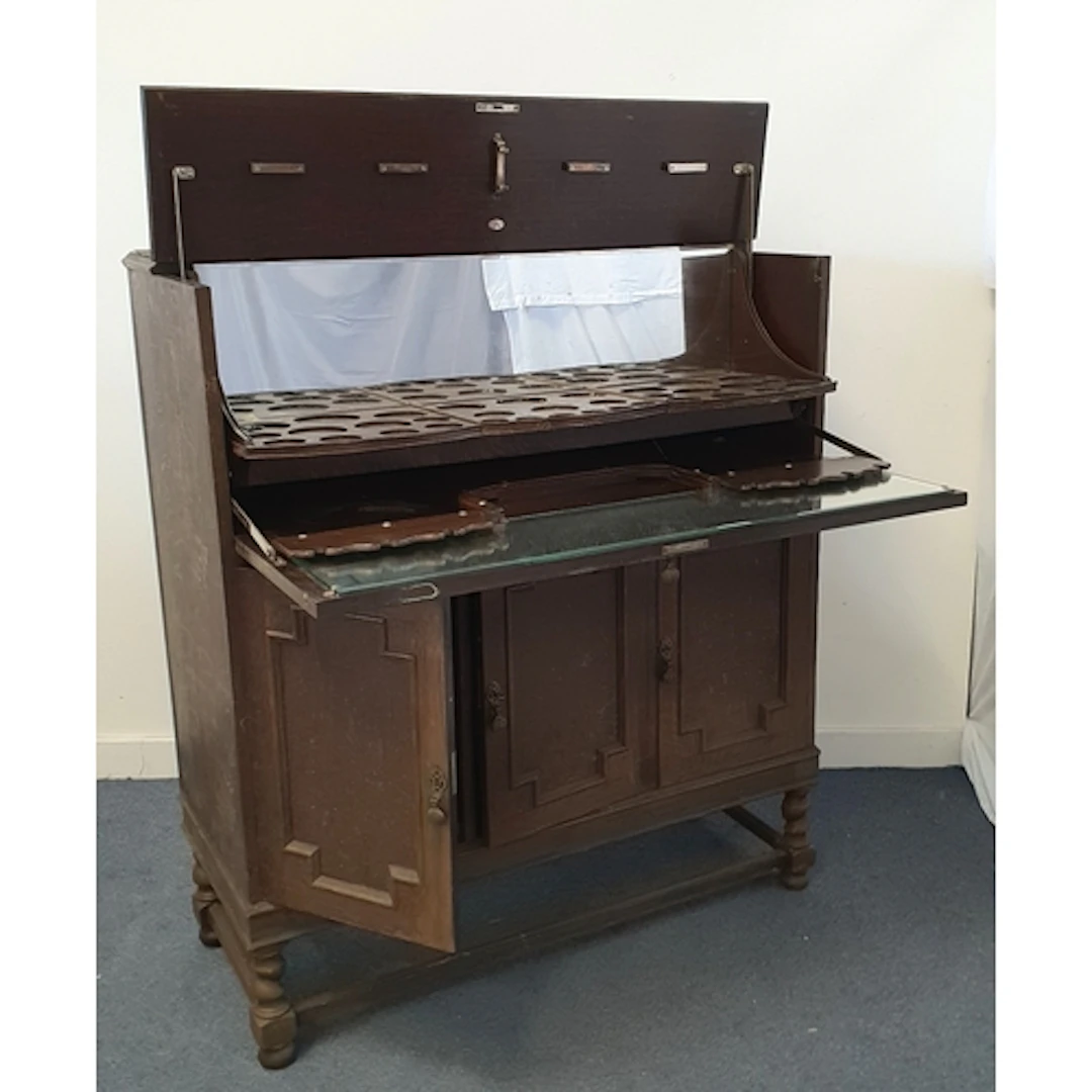 VINTAGE STAINED OAK COCKTAIL CABINET BY AW-LYN the drop down...