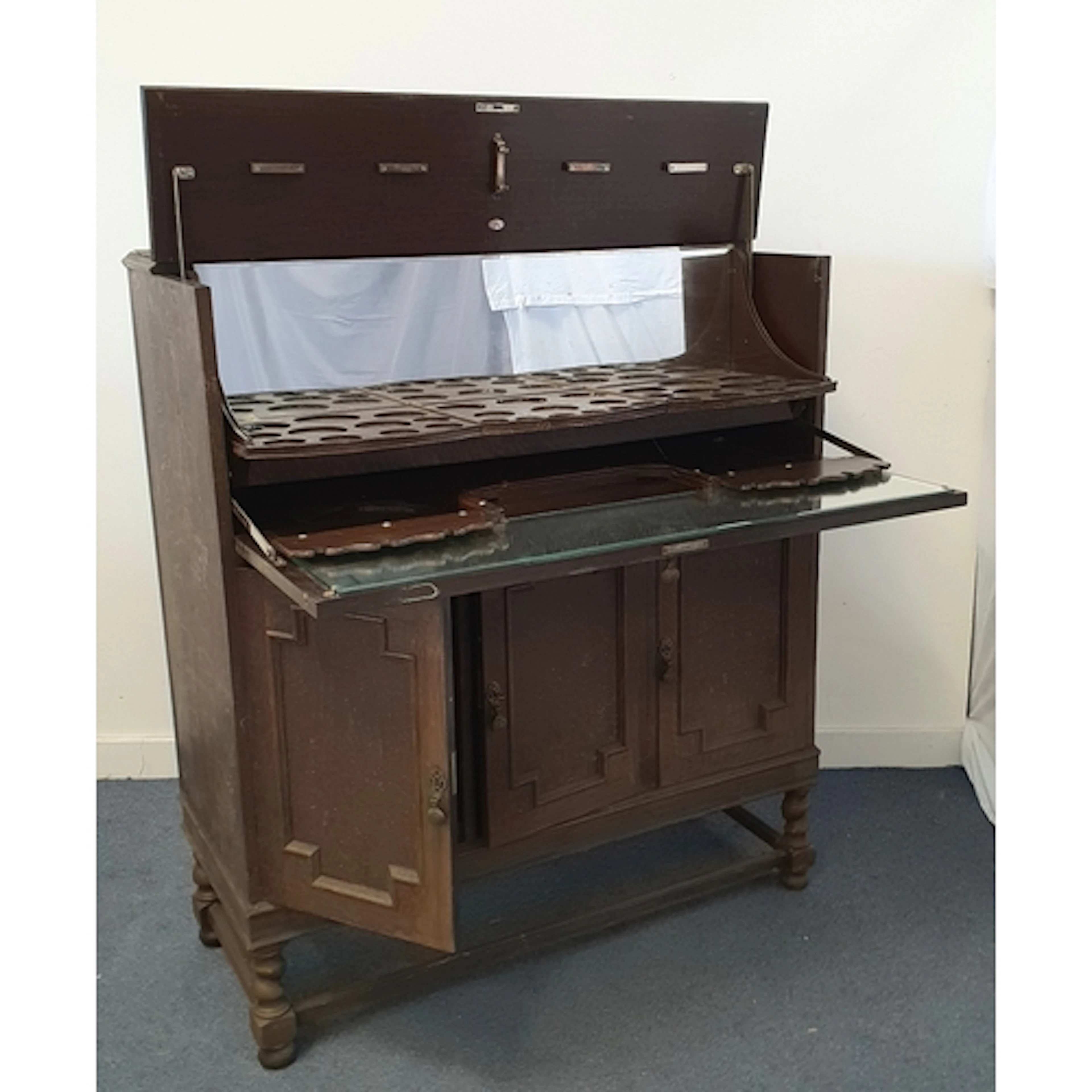 VINTAGE STAINED OAK COCKTAIL CABINET BY AW-LYN the drop down...