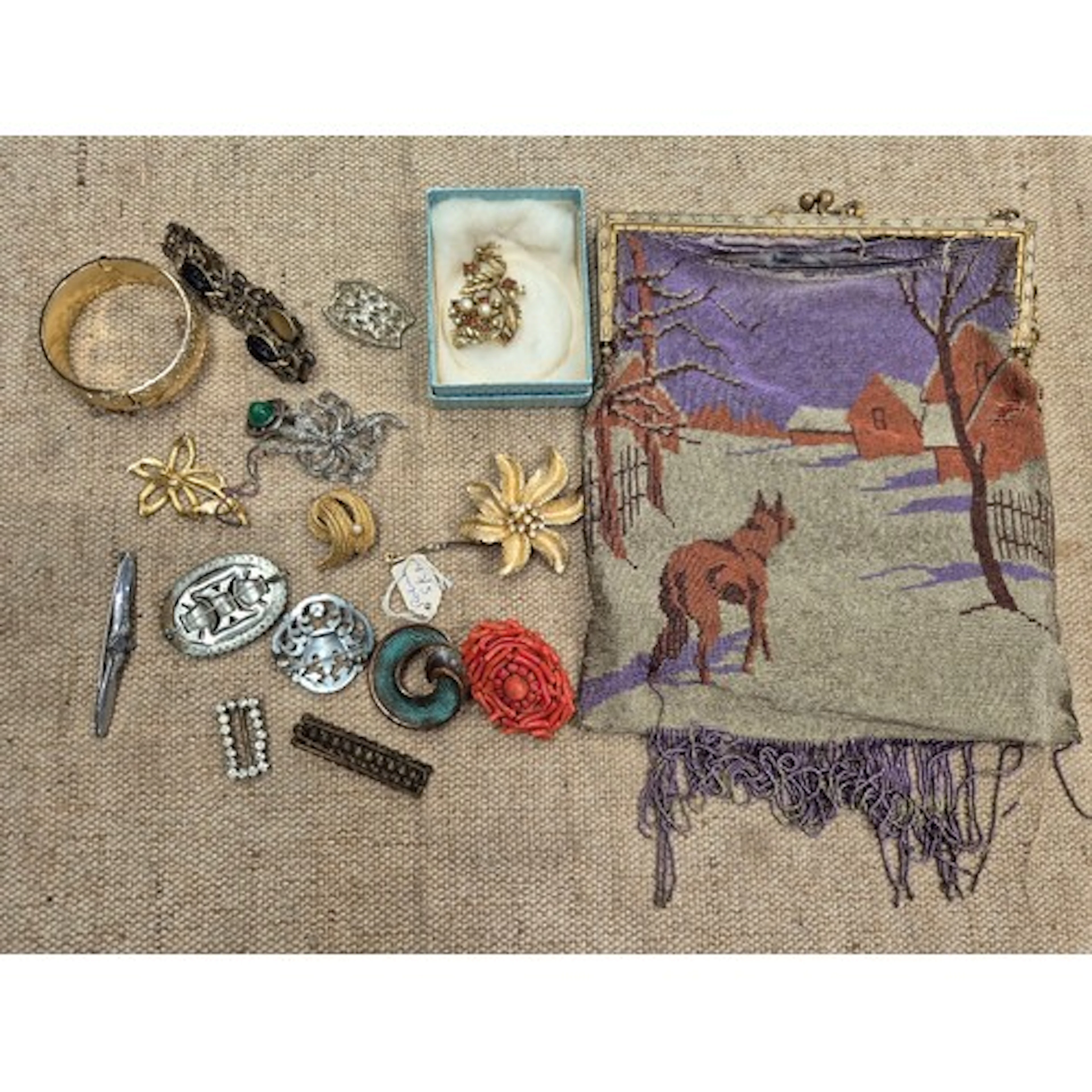 A vintage micro beaded ladies purse and various pieces of co...
