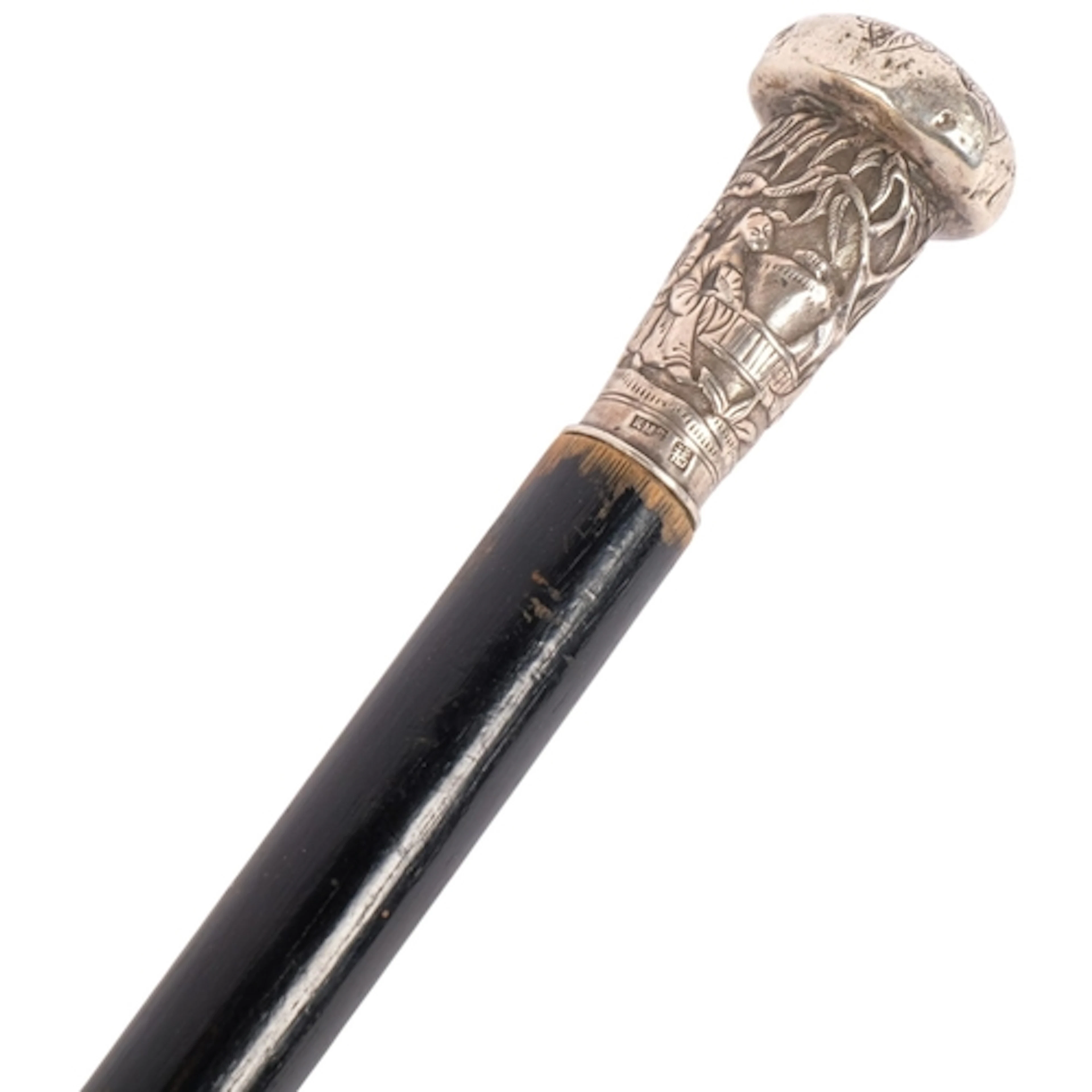 An Antique ebonised walking cane, with a Chinese silver knop...