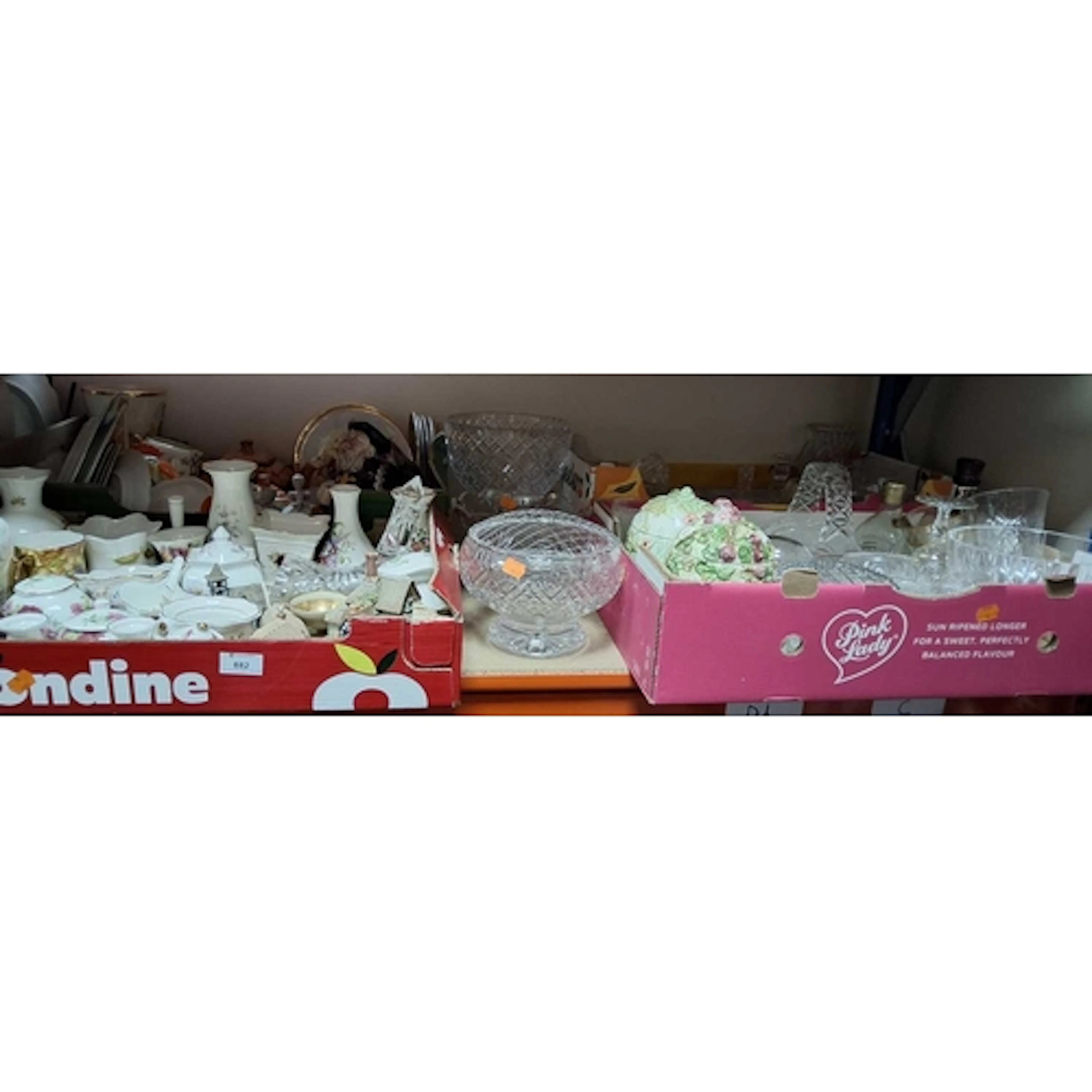 FOUR BOXES AND LOOSE CUT GLASS, ORNAMENTS, CERAMICS ETC, to ...