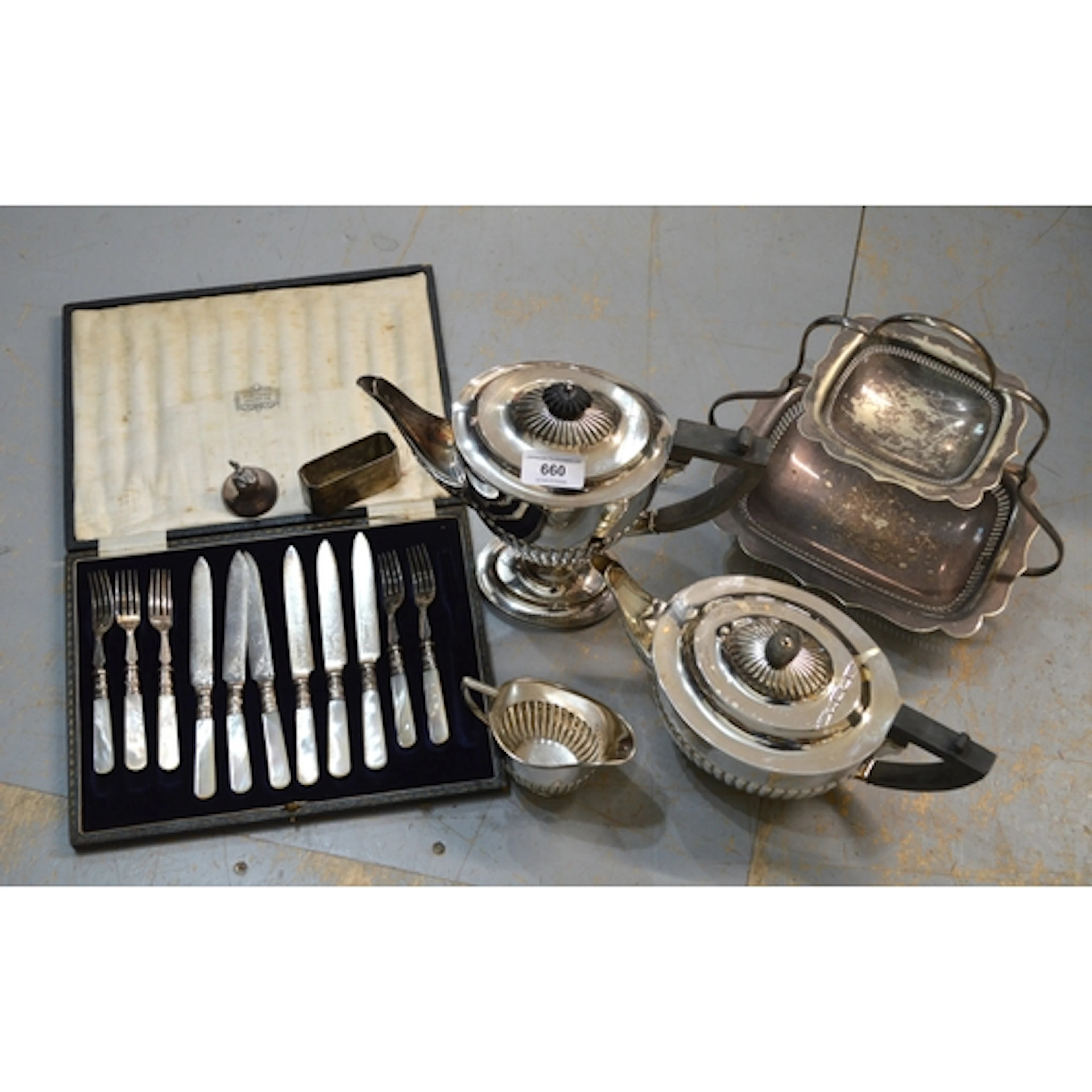 Silver plated three piece teaset, together with a small quan...