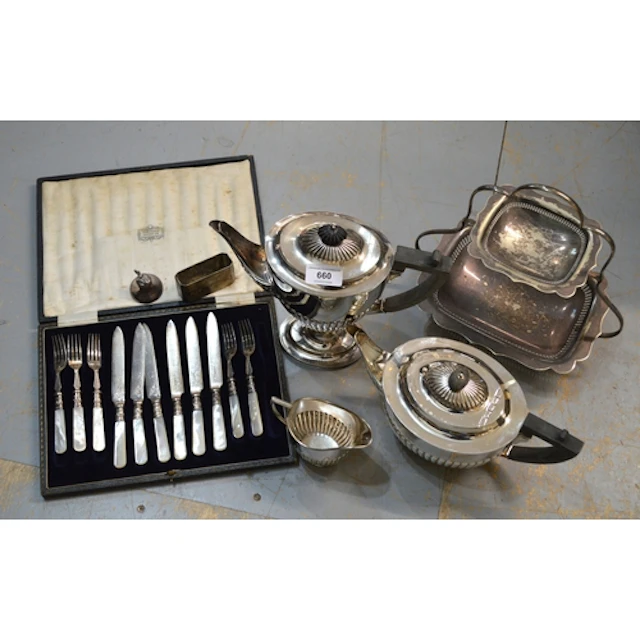 Silver plated three piece teaset, together with a small quan...