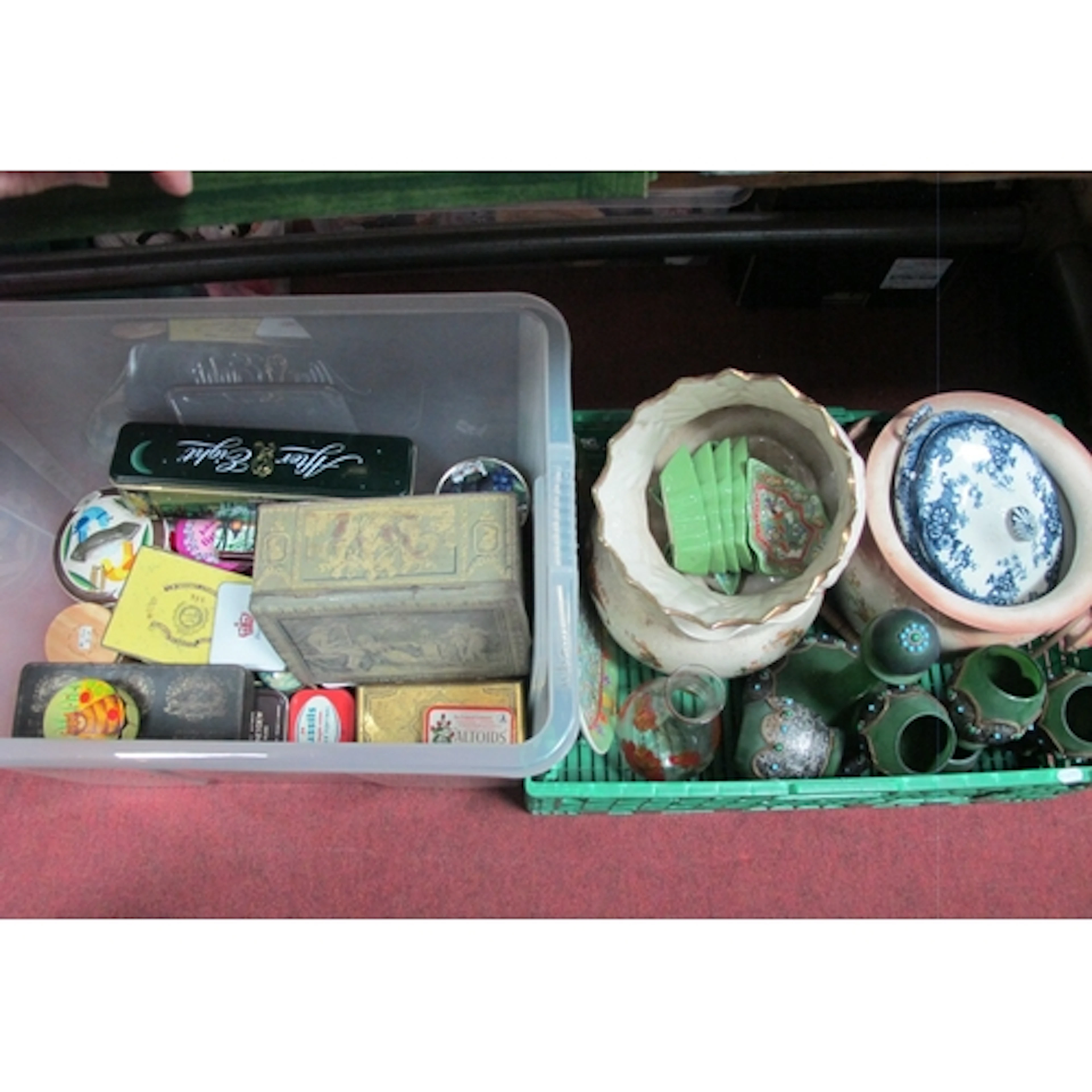 Tins, ceramics, glassware, etc:- Two Boxes.