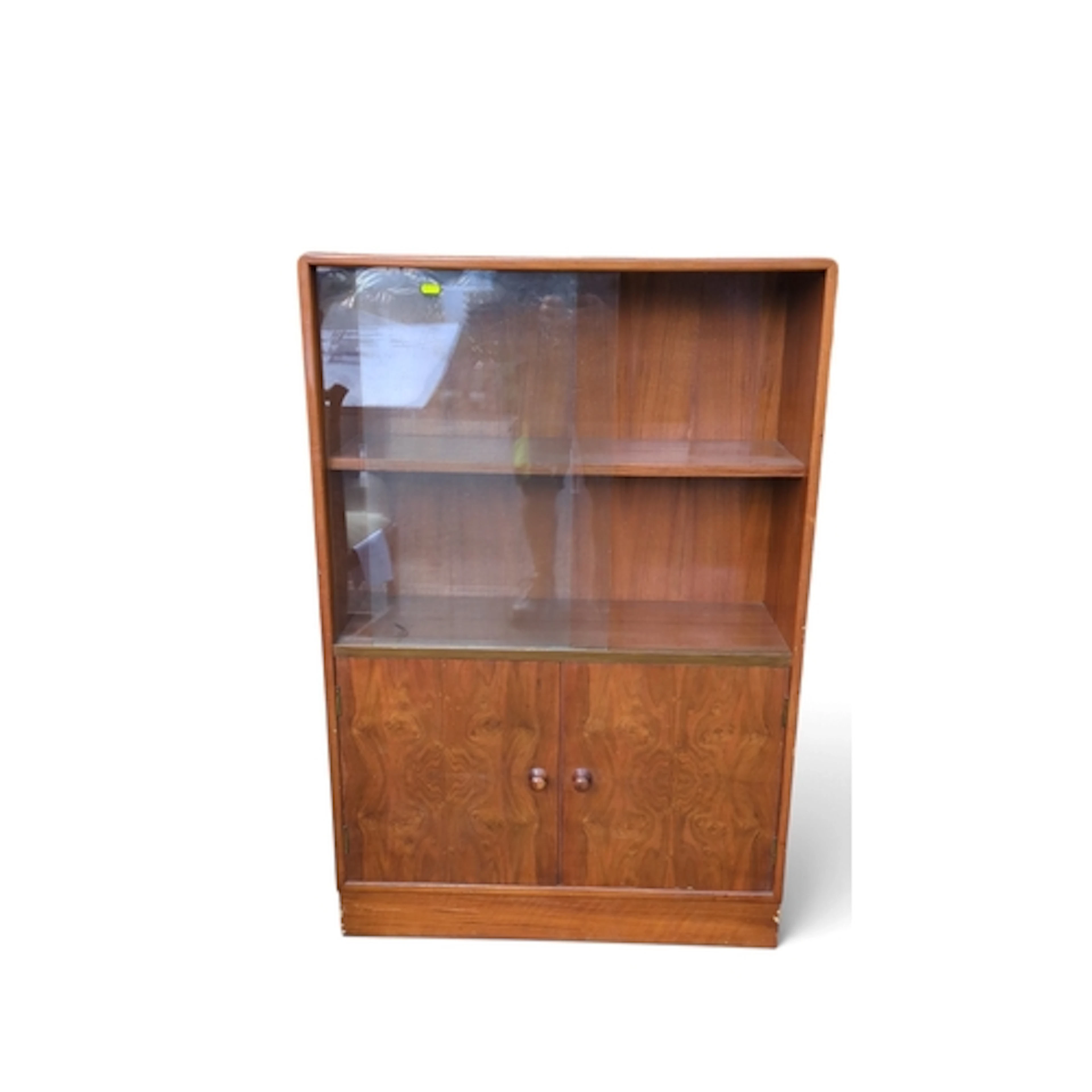 Mid-century veneered display cabinet with rounded corners an...