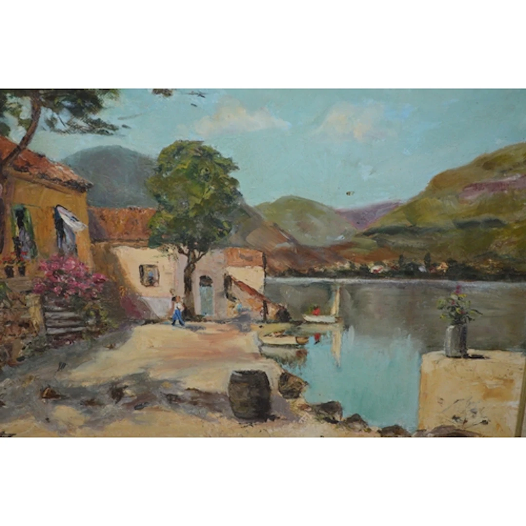 K. J. Lewis, oil on board, Continental lake scene with build...