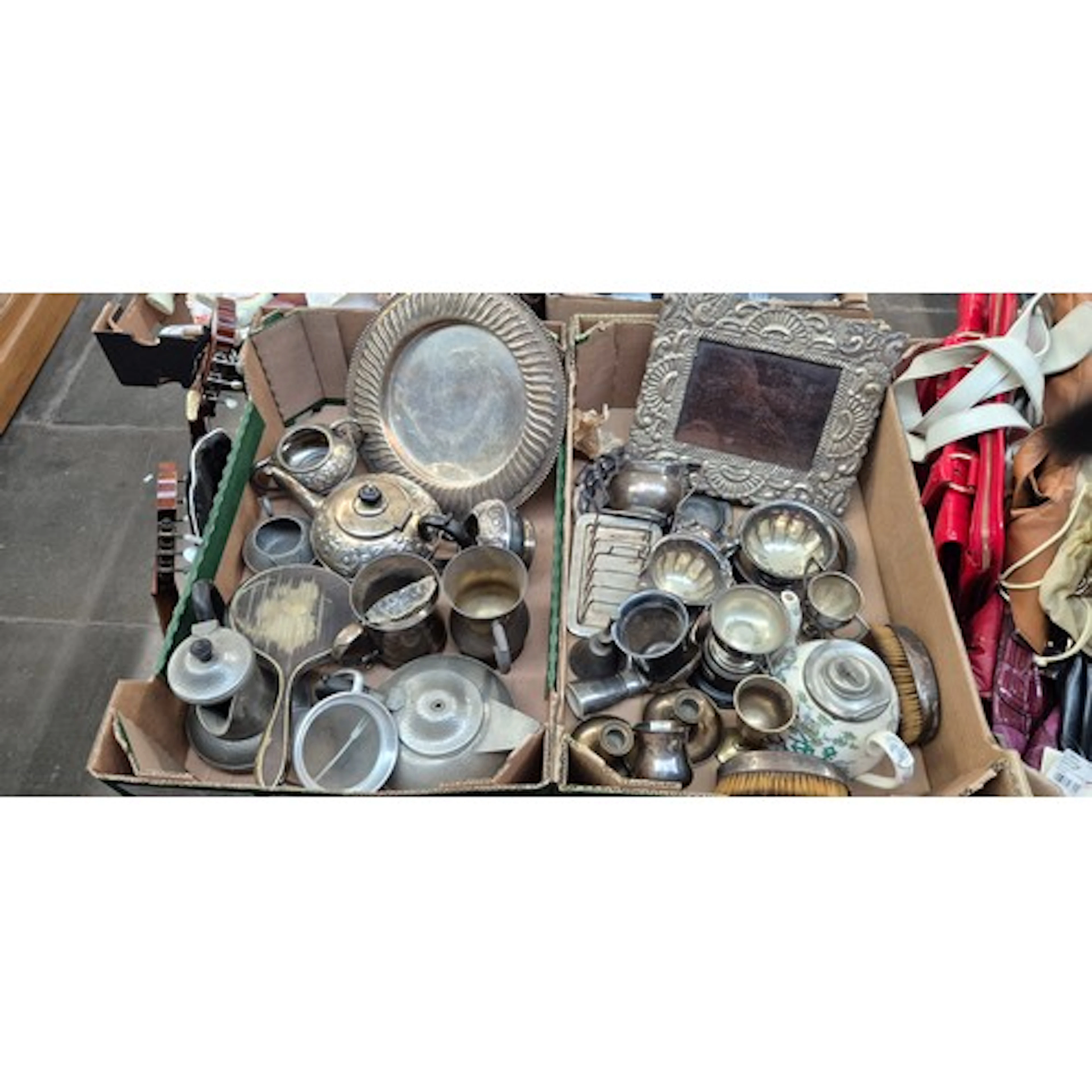 2 boxes of metal wares to include plated, pewter, etc