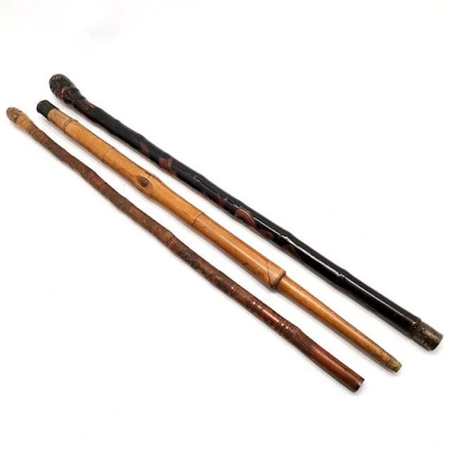 3 x walking sticks - 2 x Oriental bamboo with carved decora...