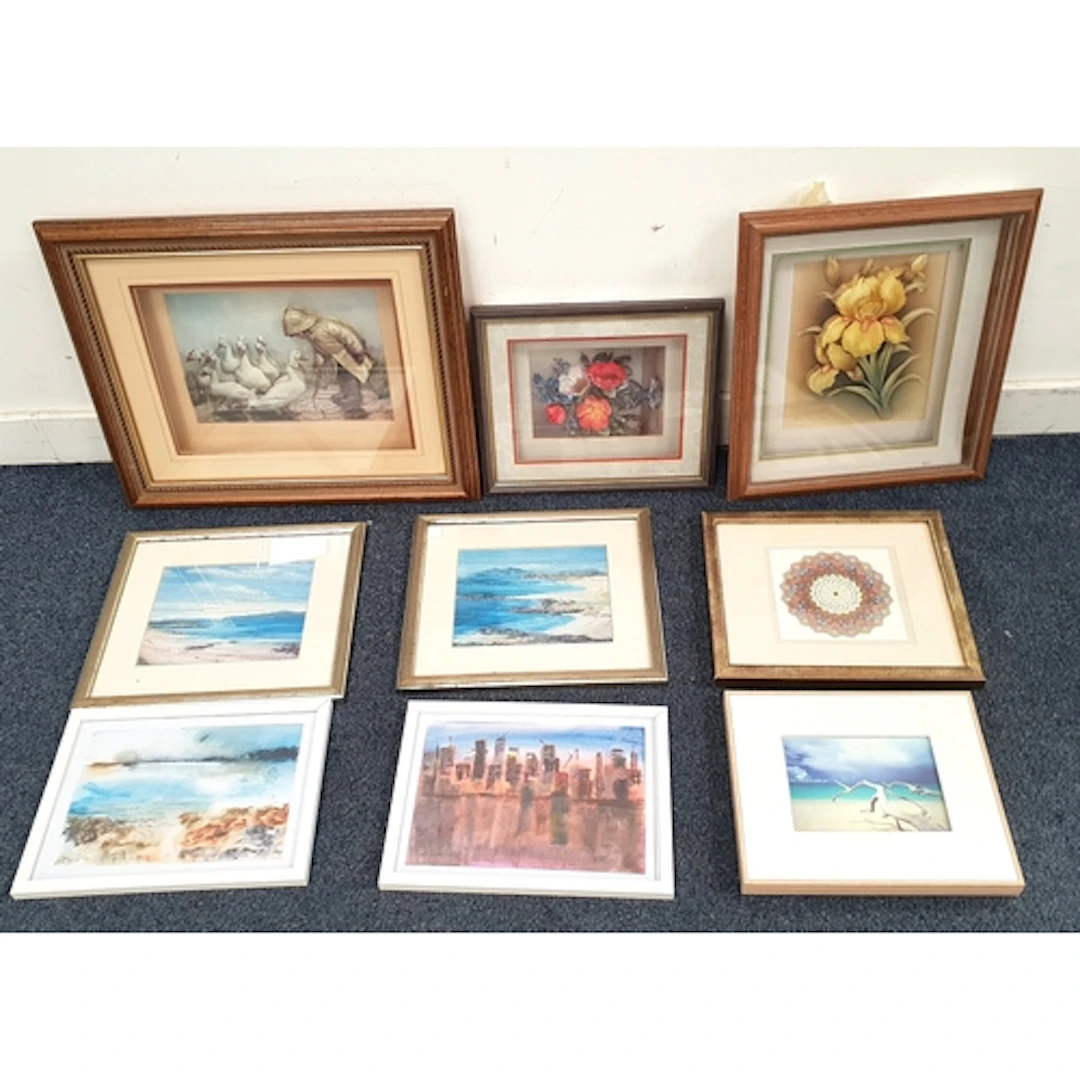 SELECTION OF NINE PICTURES AND PRINTS including a three-dime...